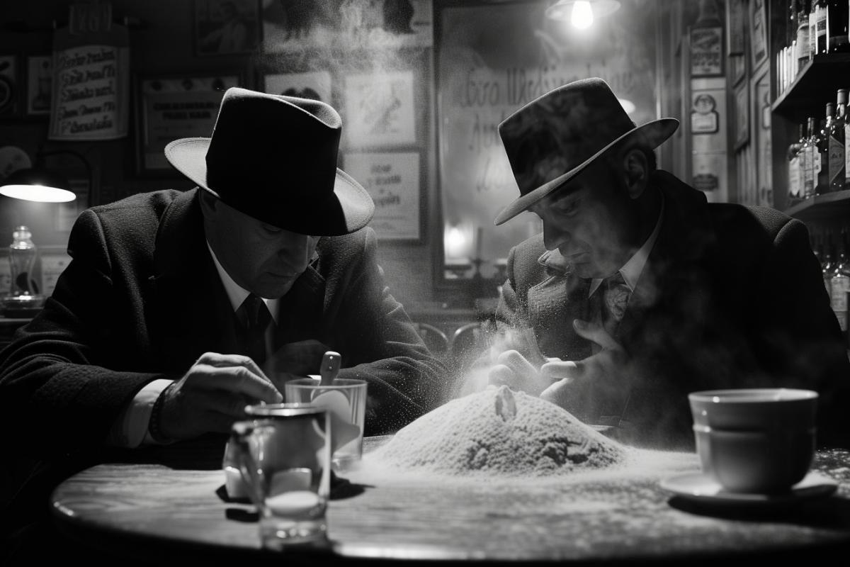 Mafia gangsters sitting in a bar, tasting flour from a knife