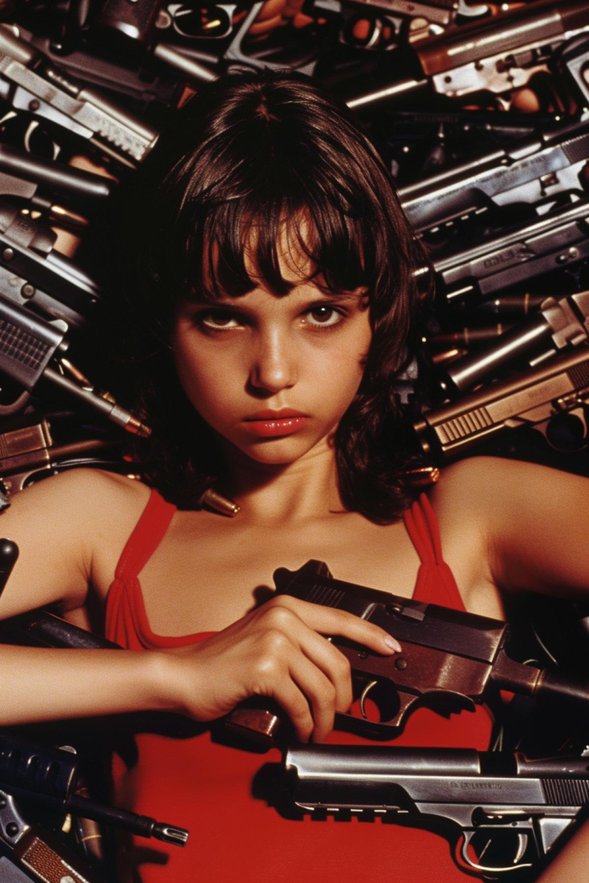 Little Natalie Portman as Mathilda in Luc besson Leon movie surrounded by machineguns and pistols poster photo