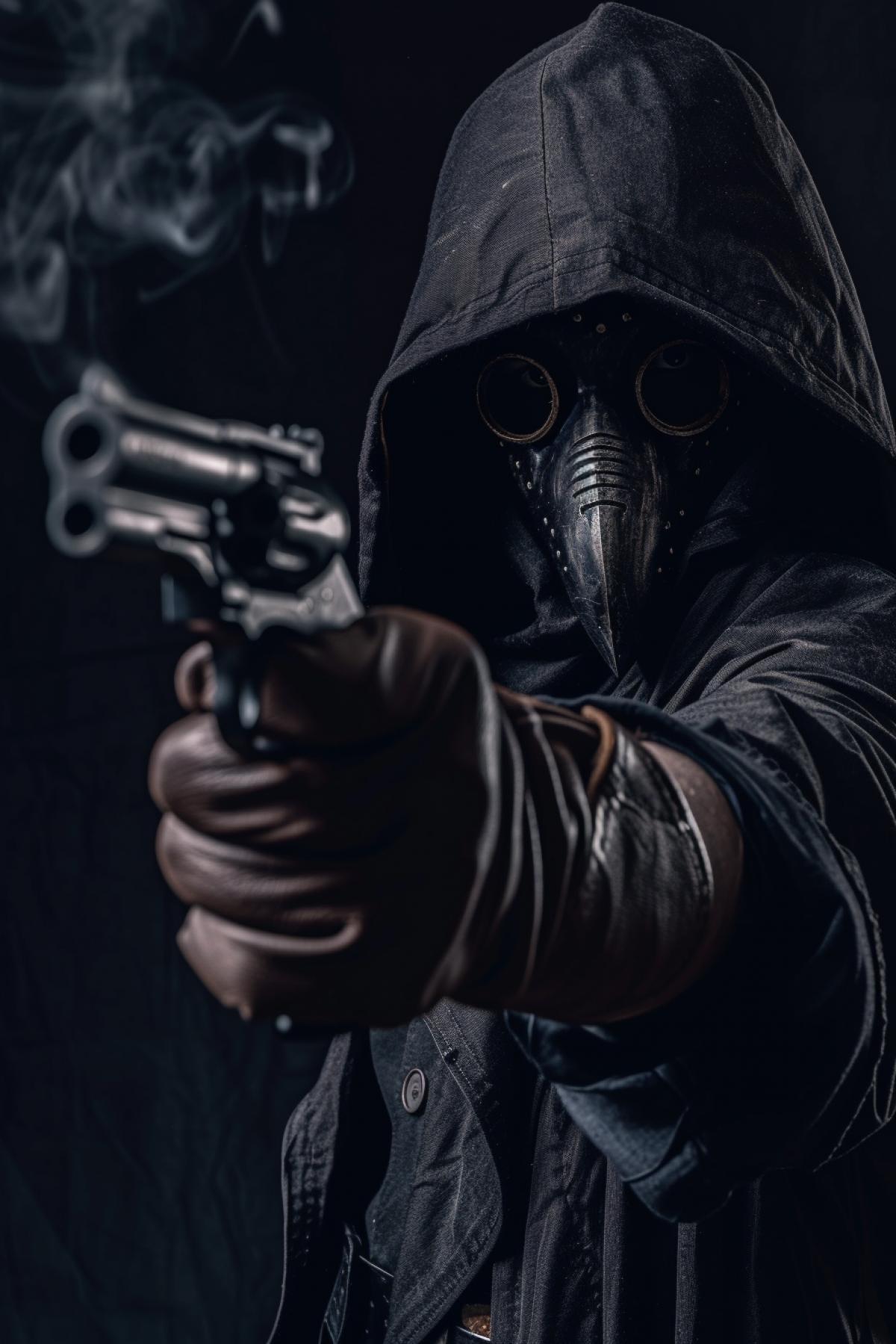 Plague doctor, dark robe, plague mask with beak, brown leather gloves, pistol in hand, shoots at the viewer, fire in the eyes, hyperrealism, cinematic, professional photo, criminal Saint Petersburg, ISO 2000