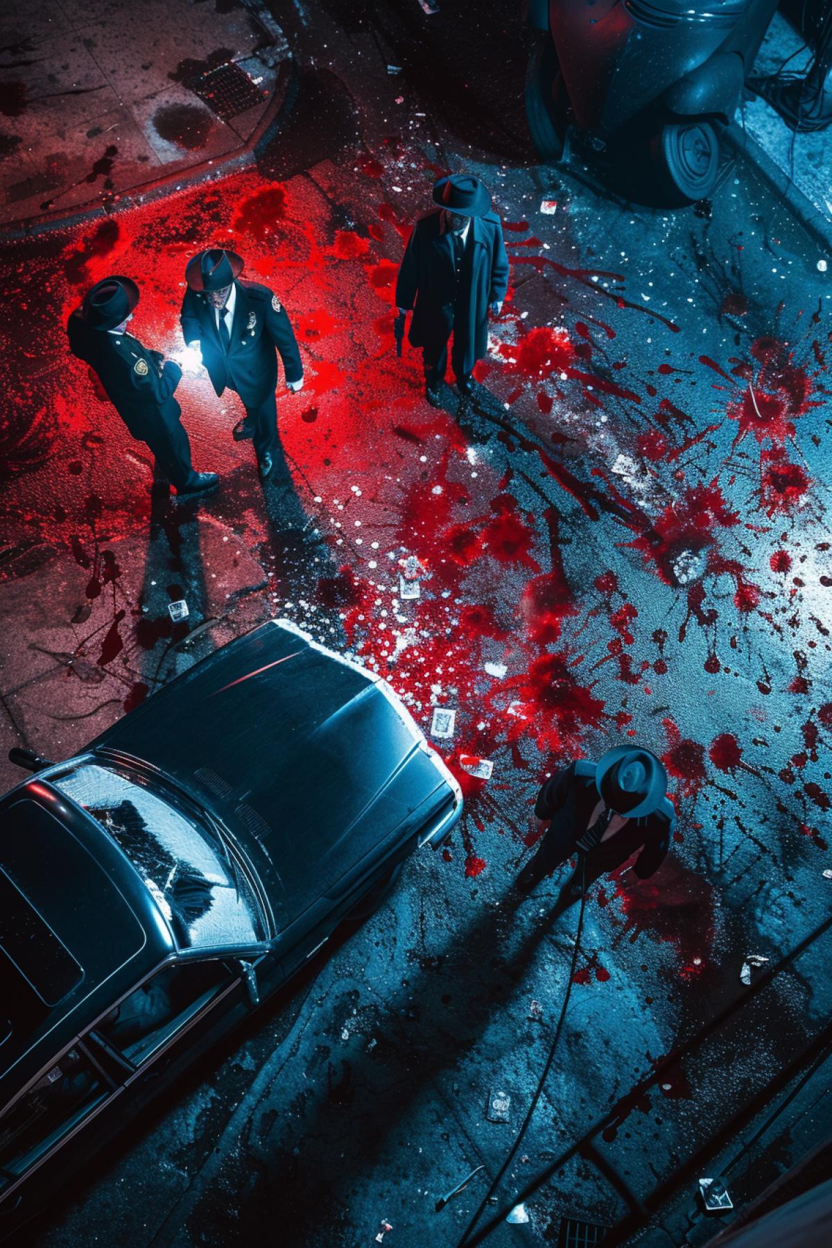 Gritty crime scene of police officers eliminating mafia bosses, intense action, high-stakes showdown, cinematic depiction, dark and dramatic, urban noir, red liquid-splattered streets, dramatic lighting, high quality, hyper-realistic, noir, intense action, urban, cinematic, dramatic lighting, intense showdown