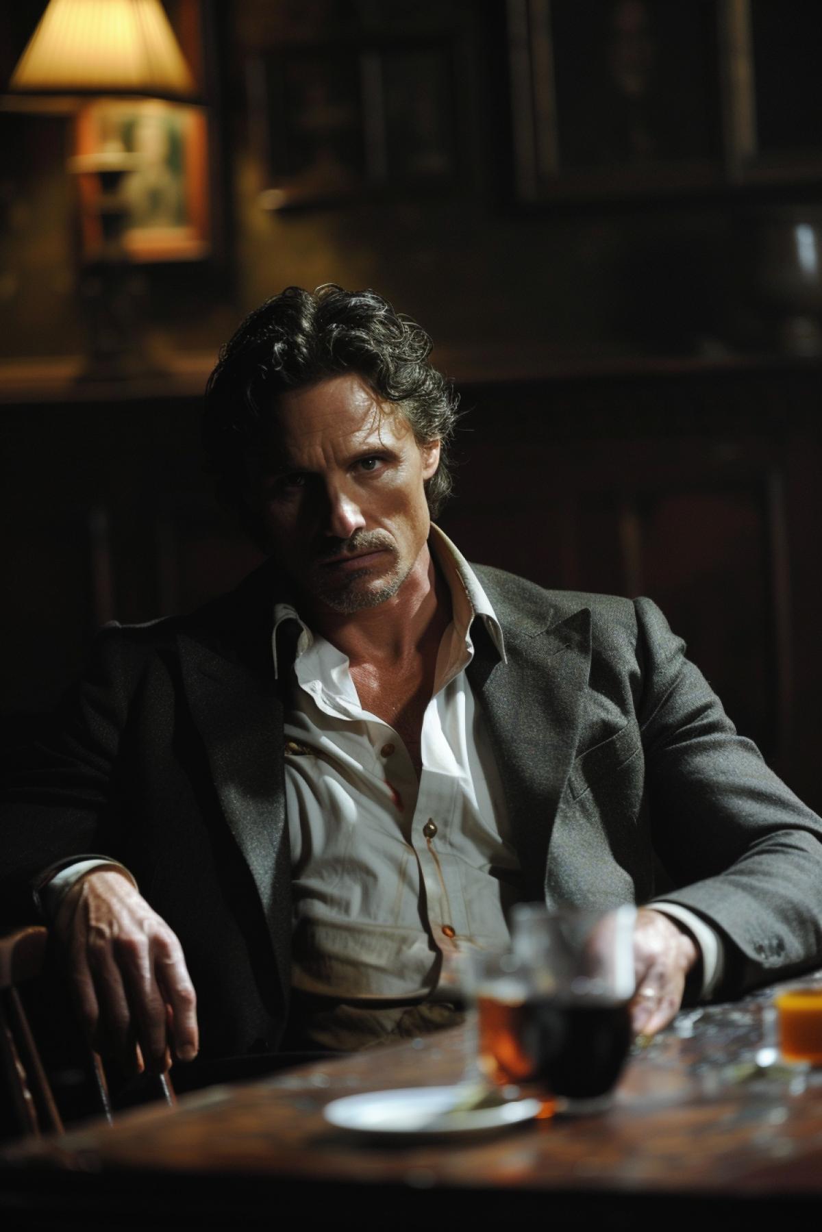 Matthew McConaughey as detective from the true detective series at the table drunk and upset desperate atmosphere