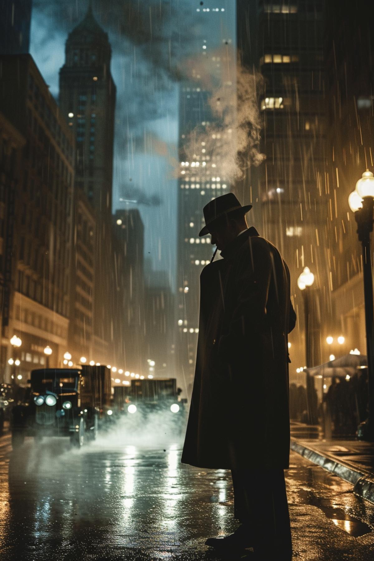 A detective in a trench coat in Chicago smokes a cigarette, the 30s of the 20th century, night city, raining, photorealism, dramatic, epic, cinematic