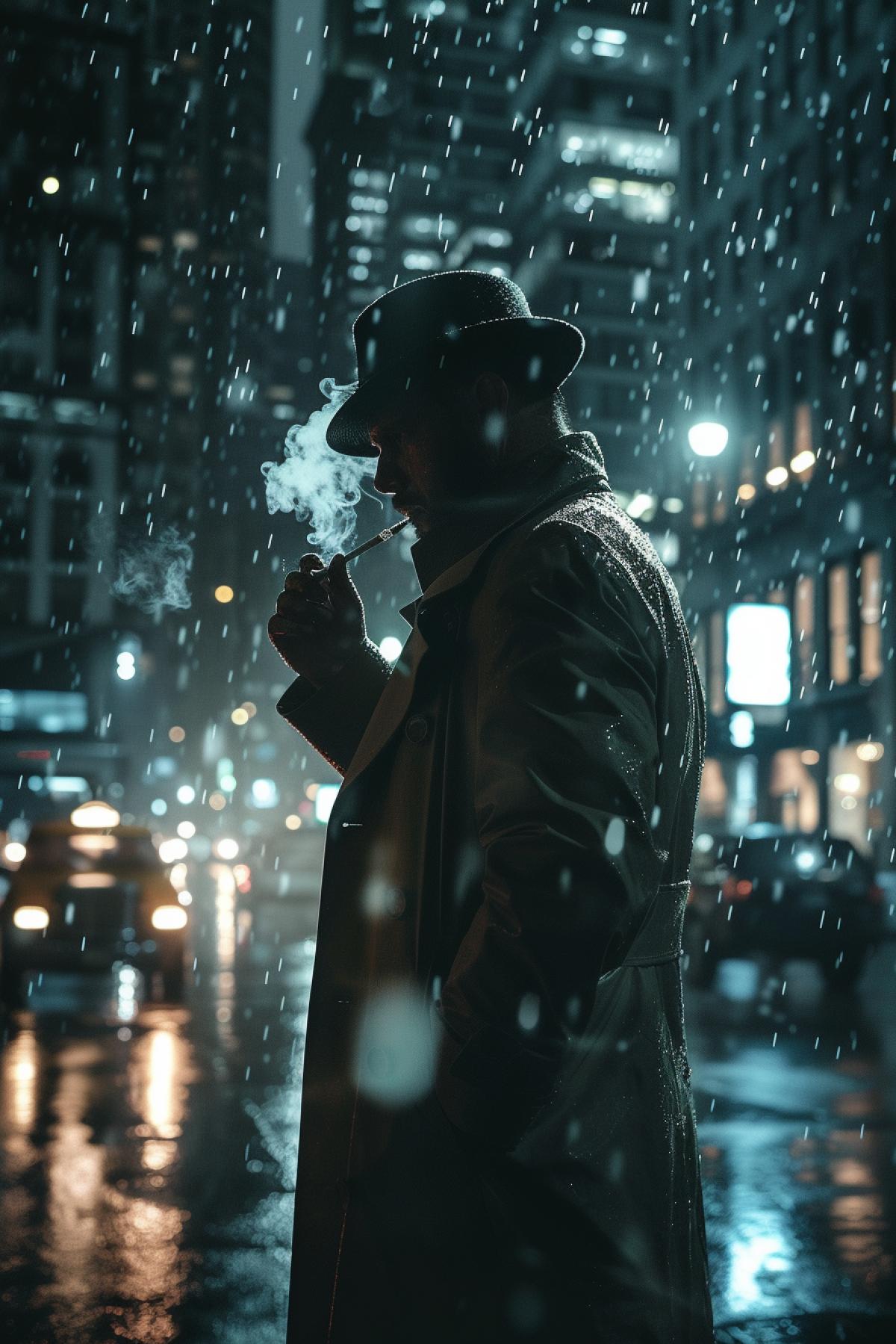 A detective in a trench coat in Chicago smokes a cigarette, the 30s of the 20th century, night city, raining, photorealism, dramatic, epic, cinematic