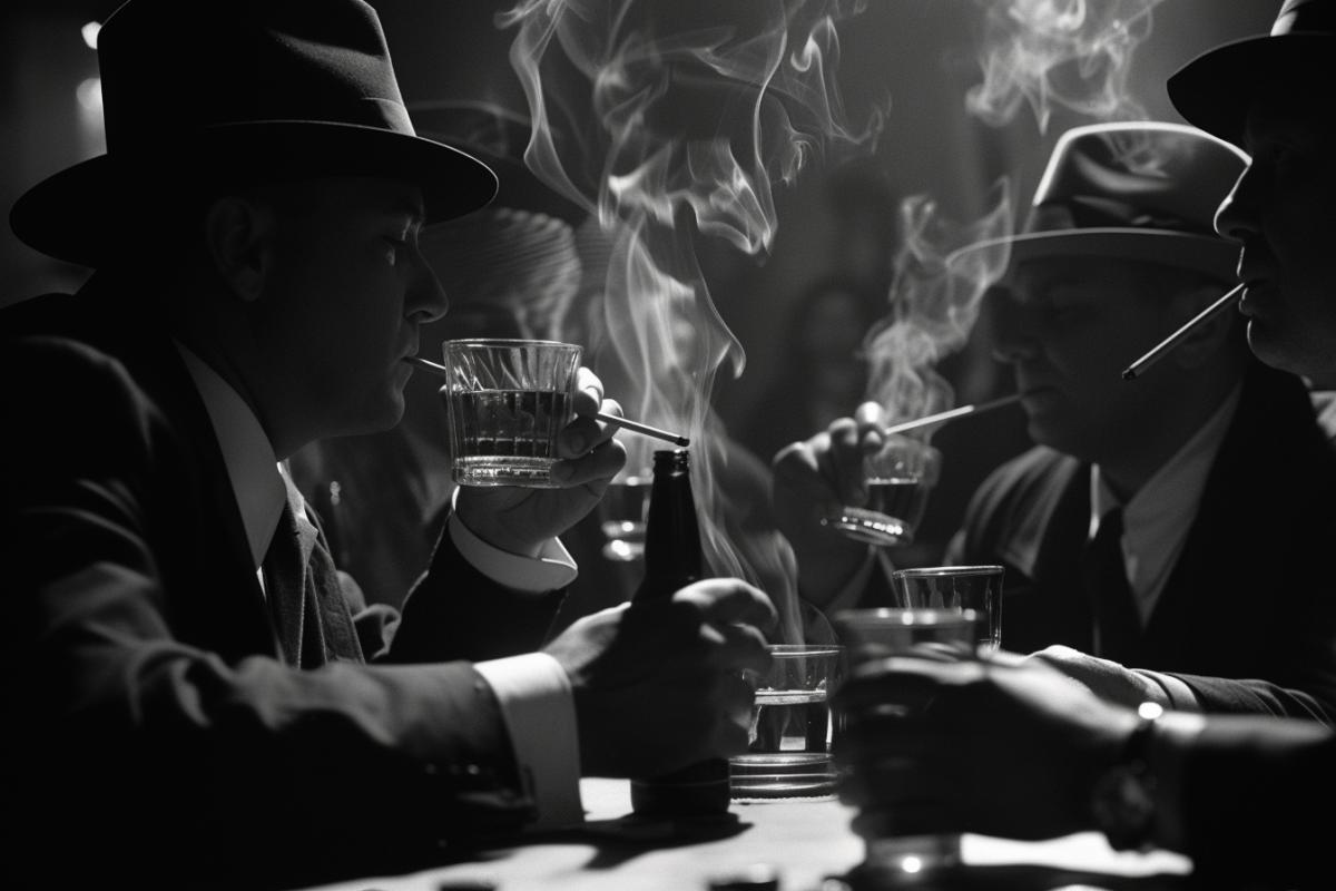 Gangsters smoking and drinking whiskey in the casino of the 30s of the 20th century, criminal, photorealism, cinematic, epic, dramatic