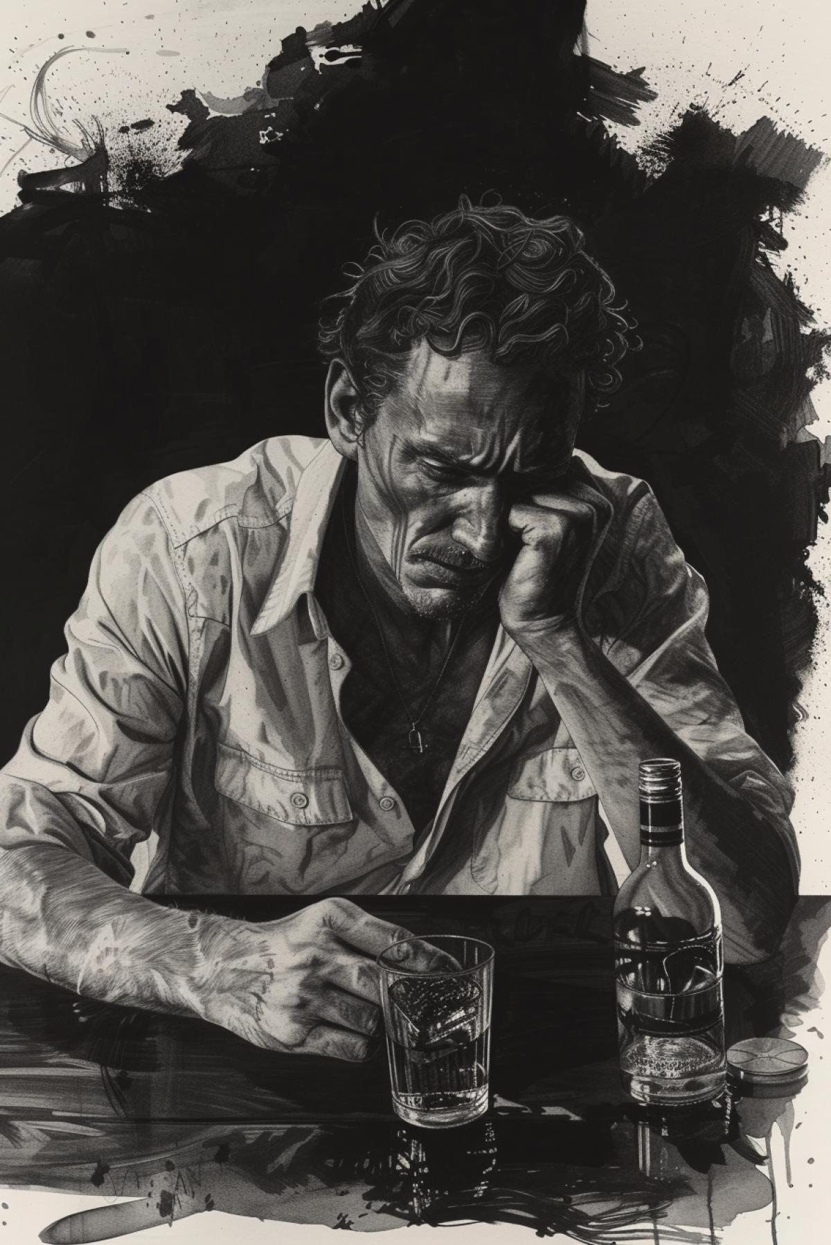 Matthew McConaughey as detective from the true detective series at the table drunk upset puzzled bottle of whiskey desperate atmosphere dark and white poster contrast drawing Maurits Escher graphic style