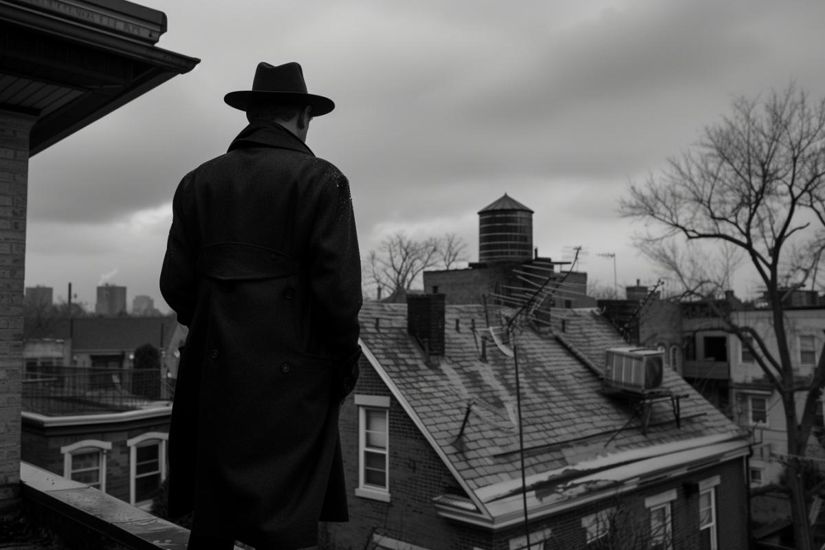 Neo-noir detective, cinematic shot, shot from the roof of a house