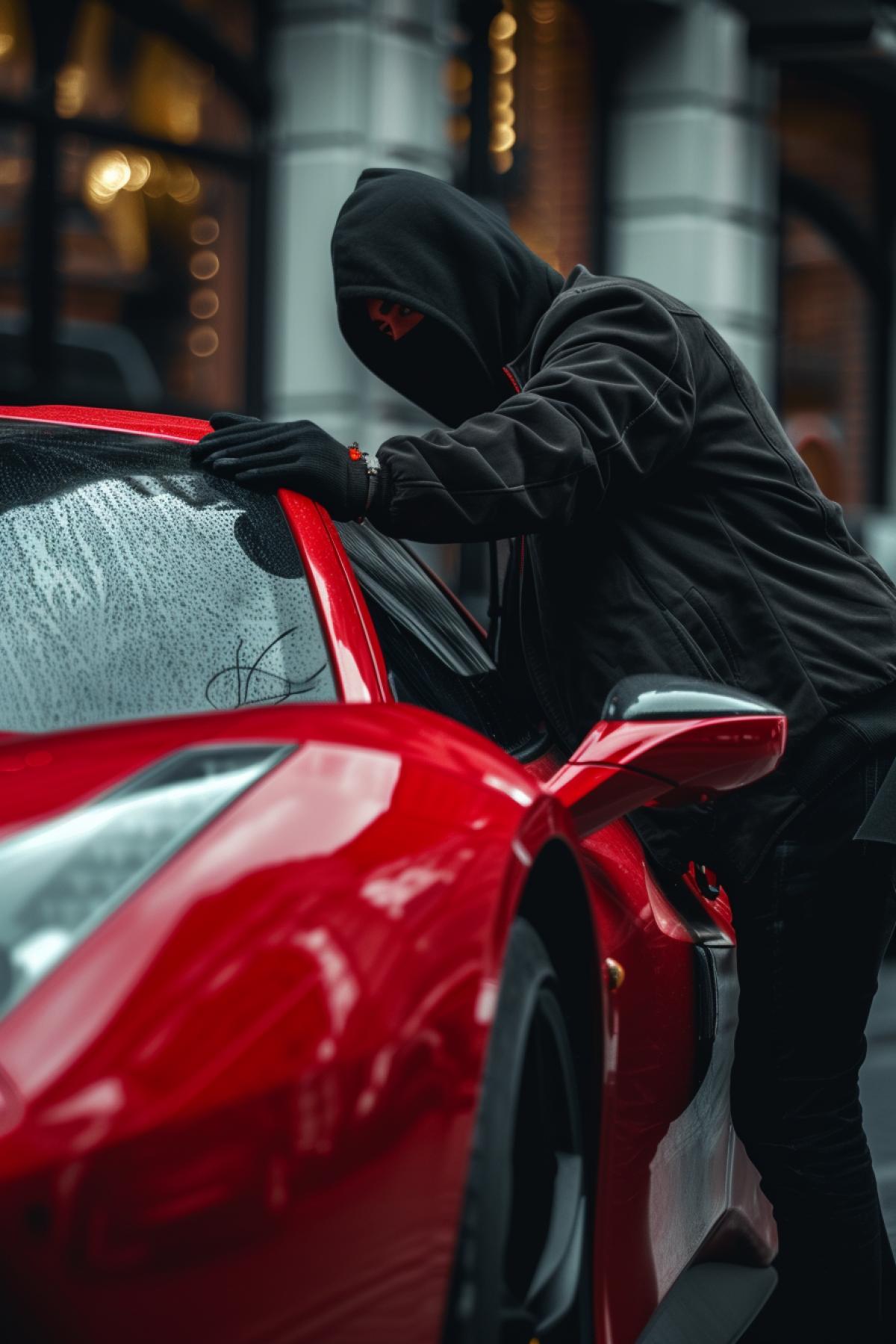 Handsome criminal thief wearing luxury clothes hijacking opening window robberying luxury red Ferrari auto