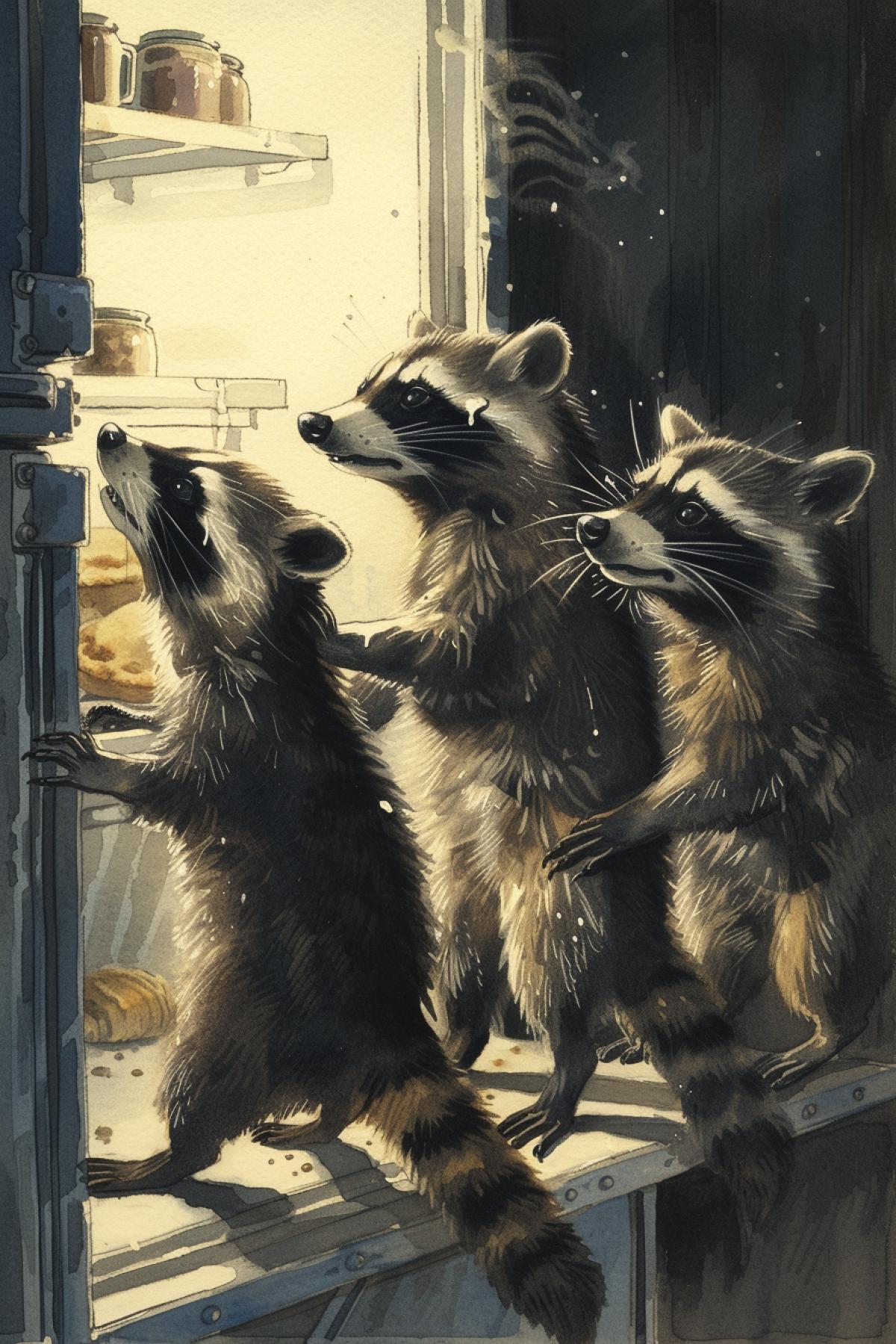 Three impudent raccoons stealing meals opening door of refrigerator late at night Seton-Thompson style drawing