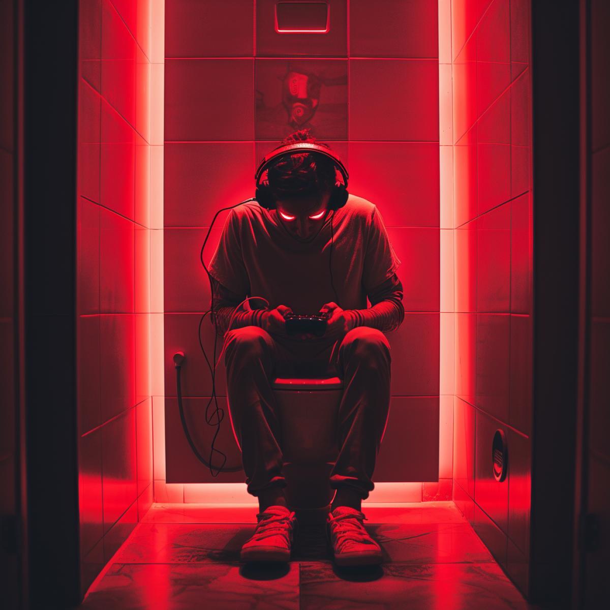 The man locked himself in the toilet. Plays an online video game. Sitting on toilet. Headphones are on. Photography in Sin City style. Color palette red, dark, white.