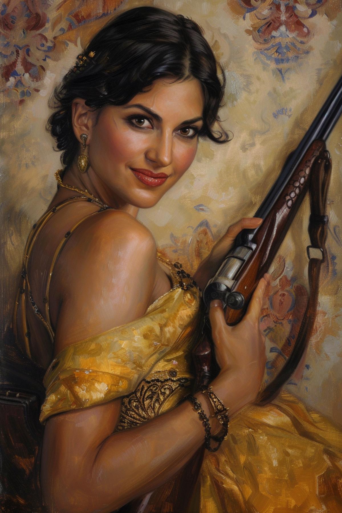 Famous beautiful spy Mata Hari looking with grin armed with rifle oil canvas