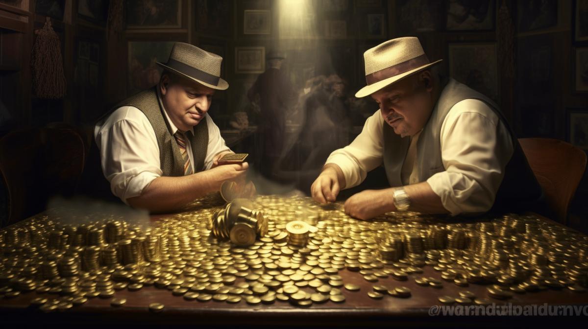men of a gangster type of illegal business at a showdown in a gold reserve vault