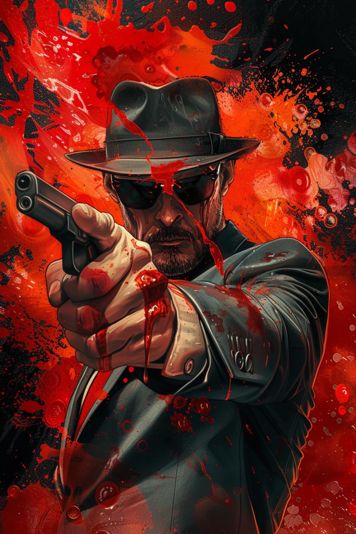 A man in a suit and hat points his finger like a gun. He is wearing sunglasses, a suit and tie. The background is splattered with red red liquid.