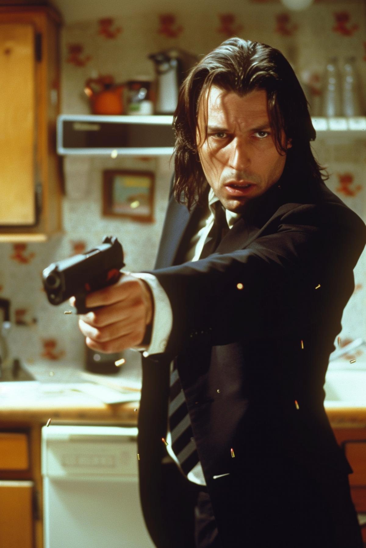 John Travolta as Vincent Vega on pulp fiction wearing dark suit and tie with uzi machine gun in the kitchen shooting at the toaster breaking it in pieces