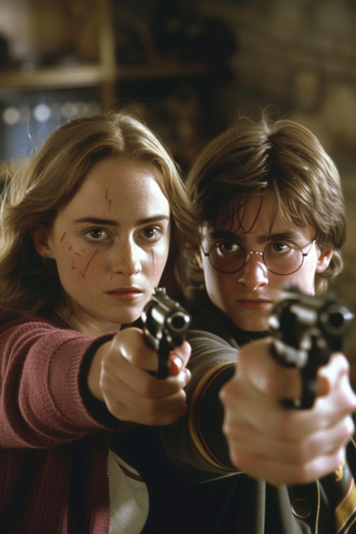 Harry Potter and Hermione Granger as desperate criminals in criminal drama armed with pistols