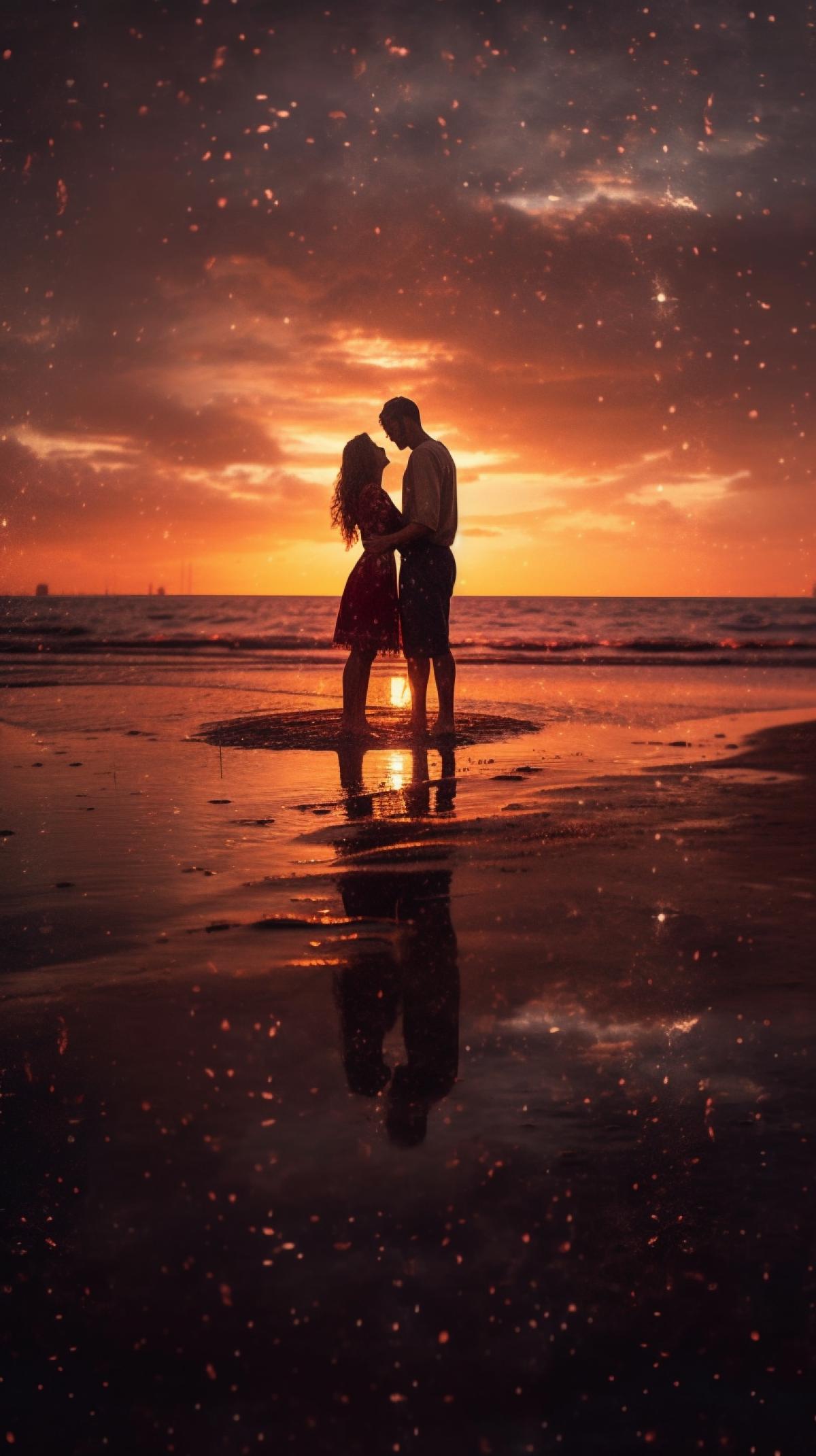 A man and a woman hugging and kissing on a sandy beach. Near the sea and a beautiful sunset. Hearts float across the sky. Love.