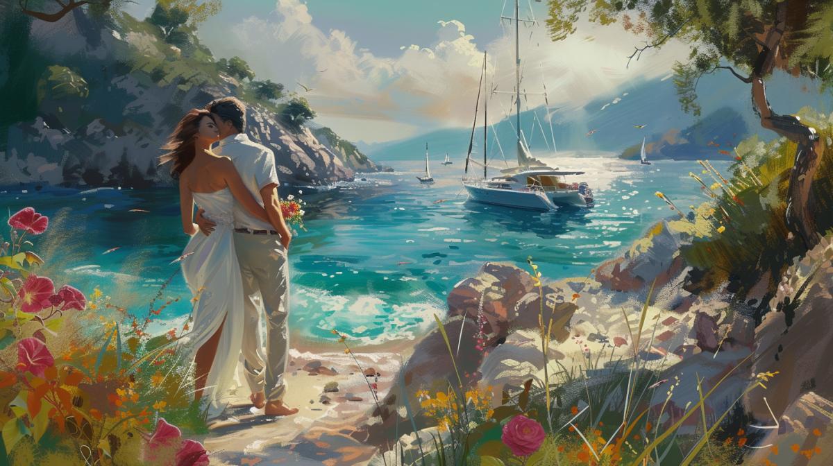 Romance, love on the shore of an azure bay with a yacht in the background, flowers around. All in the sunshine