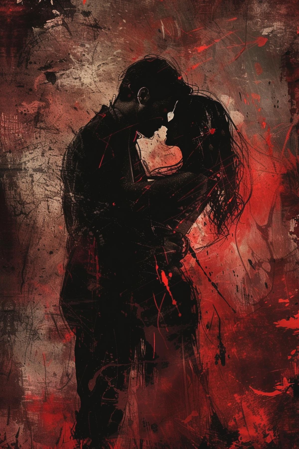 A couple in love in dark and red in an art piece, in the style of action painter, grunge beauty, Marvel Comics, darkly romantic illustrations, realistic figures