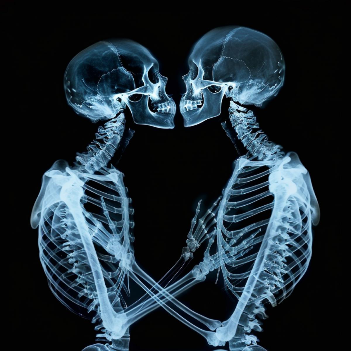 fine-art photography, A couple of skeletons in love, x-ray, light-blue lighting, in the style of minimalism photography, studio photography, X-ray, Nick Veasey