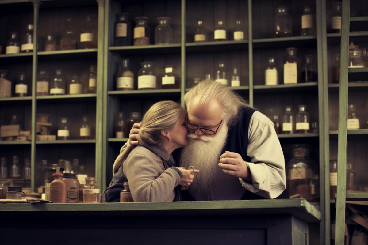 Chemists in love in the laboratory, romance, a couple of chemists, uncle and aunt.