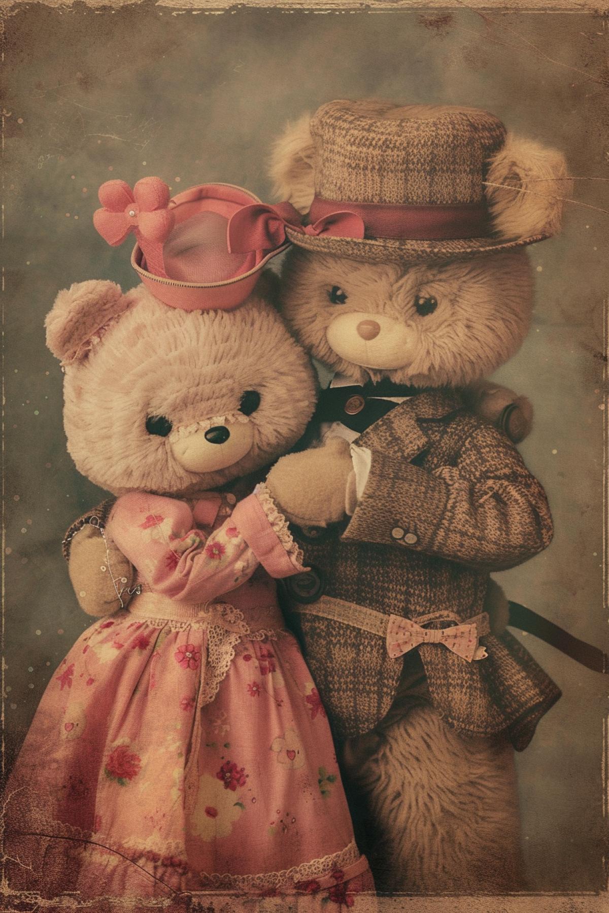 portrait of Teddy Bear and Hello Kitty as a happy married couple, in the style of vintage postcard, valentines day, dark cyan pink and amber, album cover art, romantic academia, cute, cartoon, joyful and optimistic, characterised animals, captivating figures, award-winning