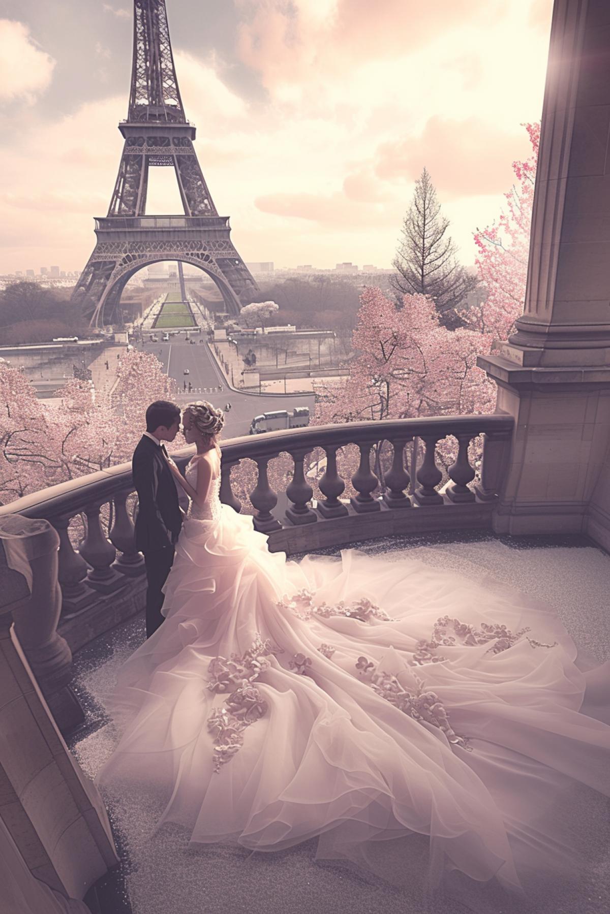 a beautiful couple in love on a balcony in paris,, high-angle, misty atmosphere, fashionable flair, made of mist, white and pink, monumental vistas, flowing fabrics