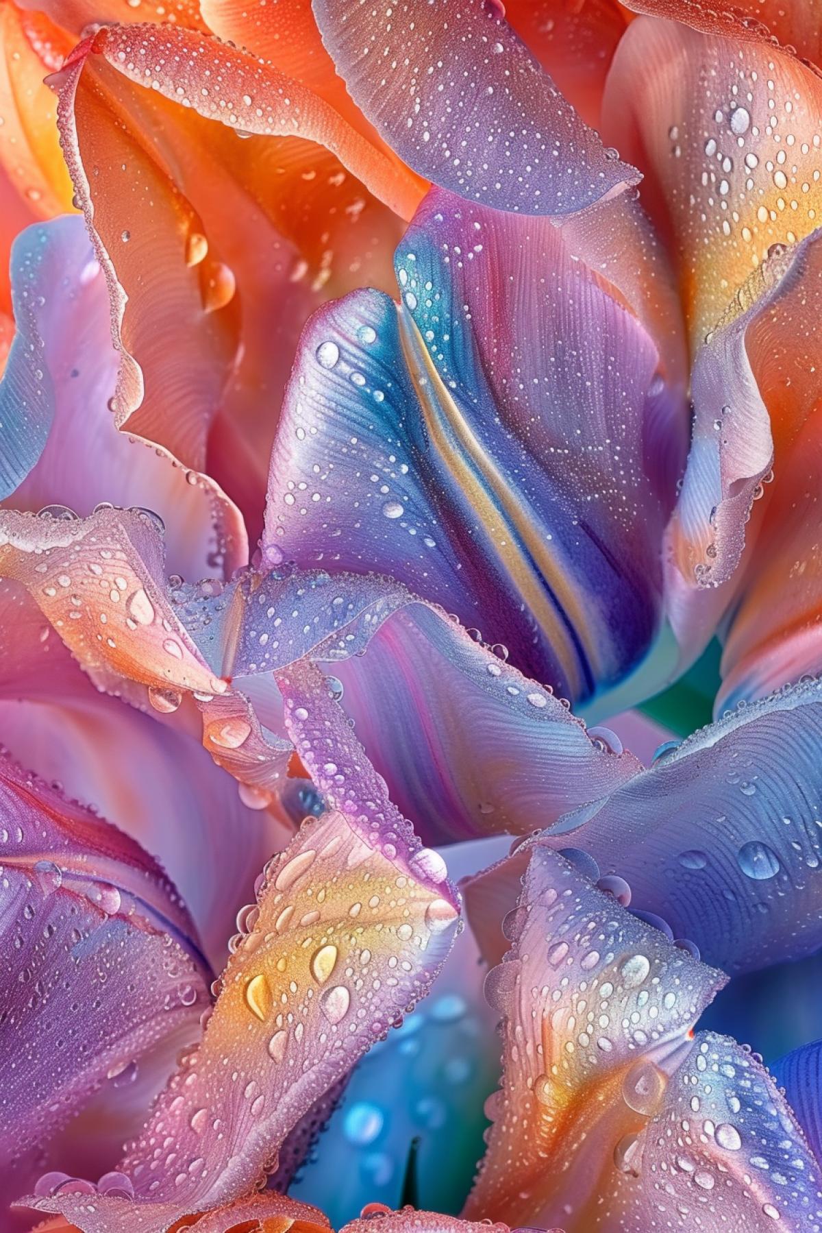 Giant tulips interfering and mutually penetrating into each other dew drops