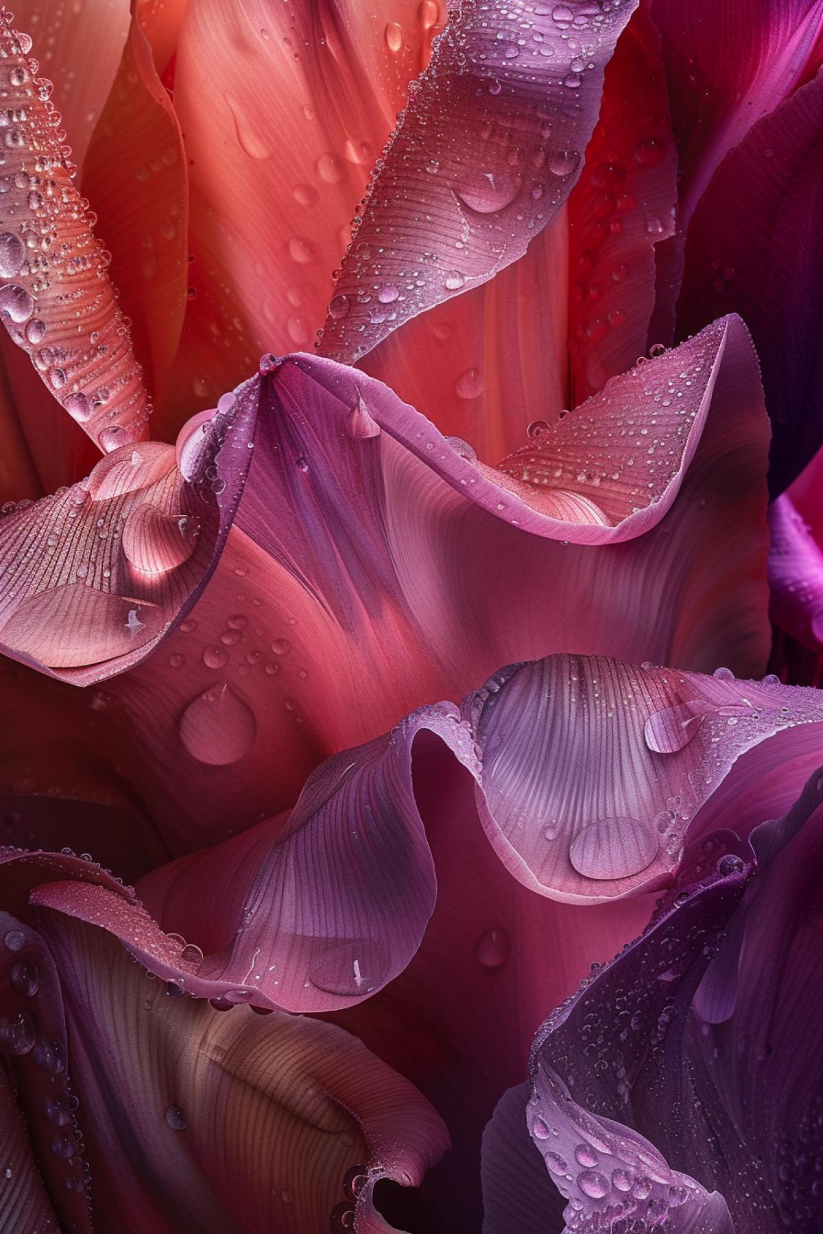 Giant tulips interfering and mutually penetrating into each other dew drops