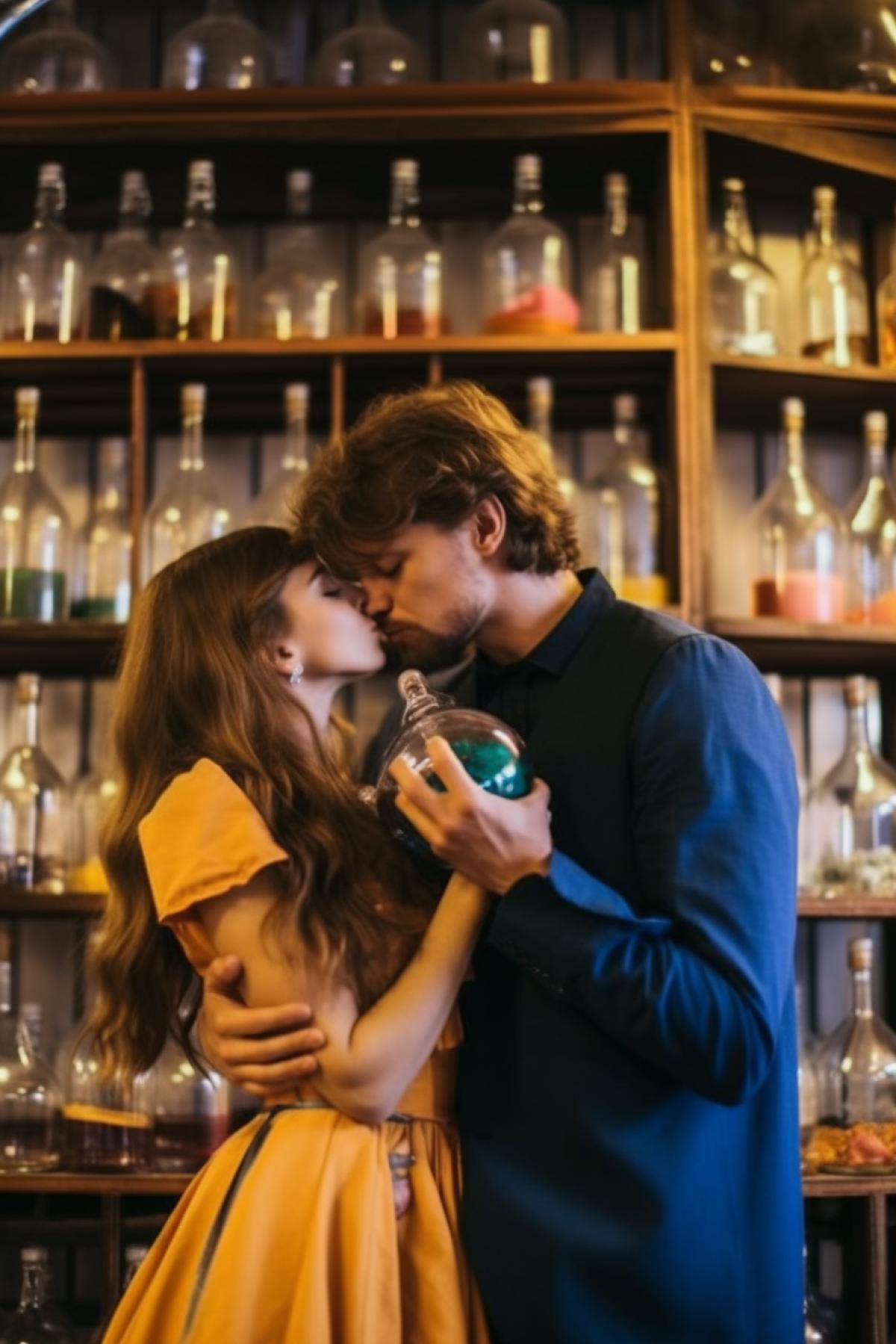 Love and romance in a chemical laboratory, a date in a charming laboratory with flasks