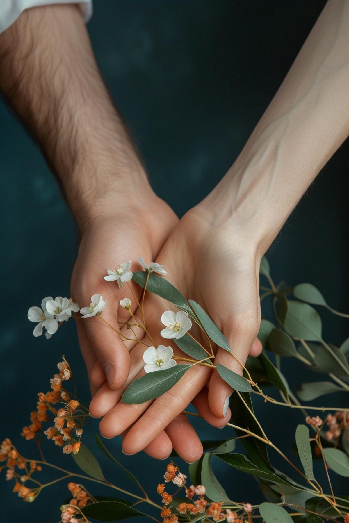 Gracious female hand in two tough male palms tender touch of eternal love