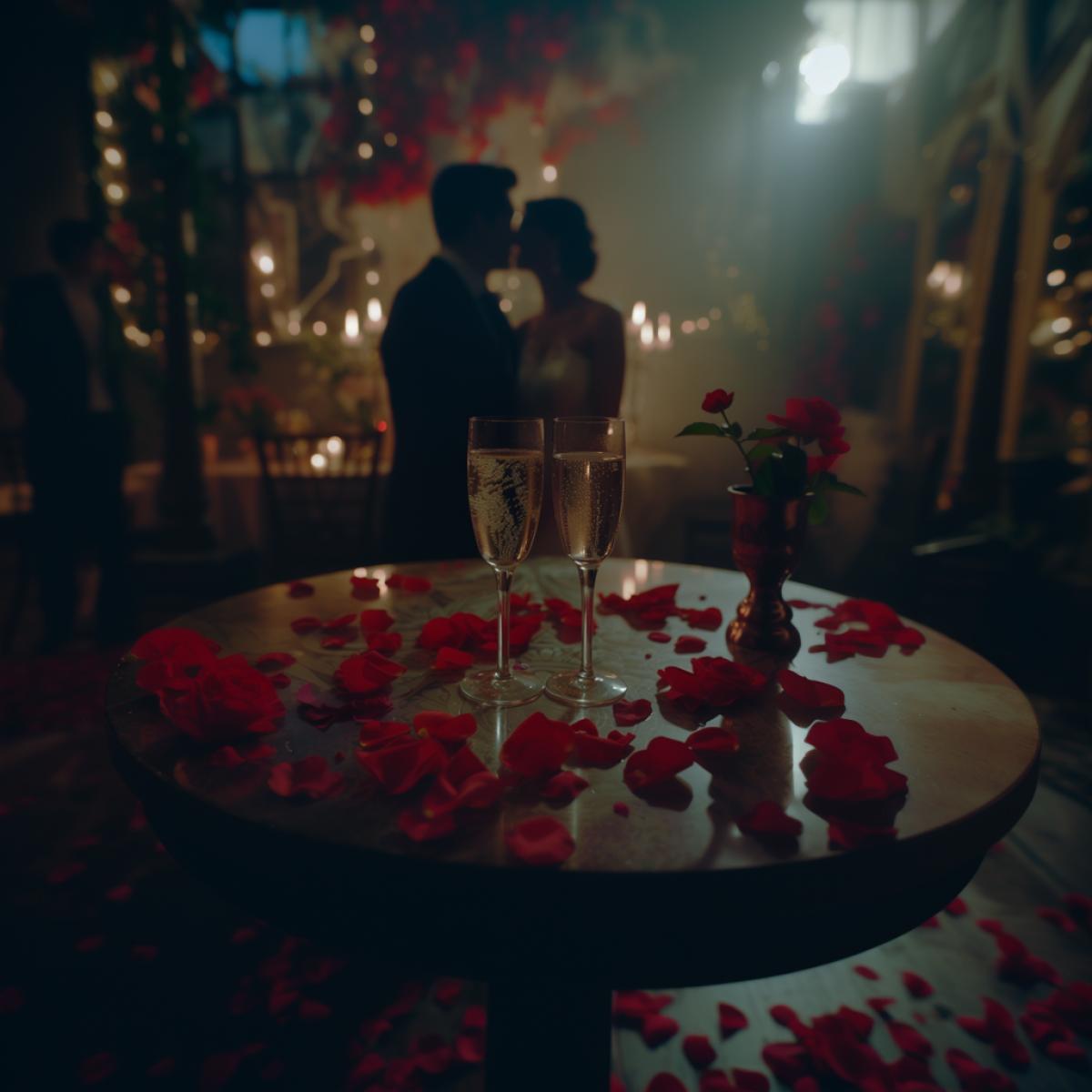 Photorealistic, wide angle zoomed out low angle POV shot through a misty glasses of champagne on a table, a couple 4k in distance behind the glasses, Rich colors, Rose petals, shot on rusty film, old school photography