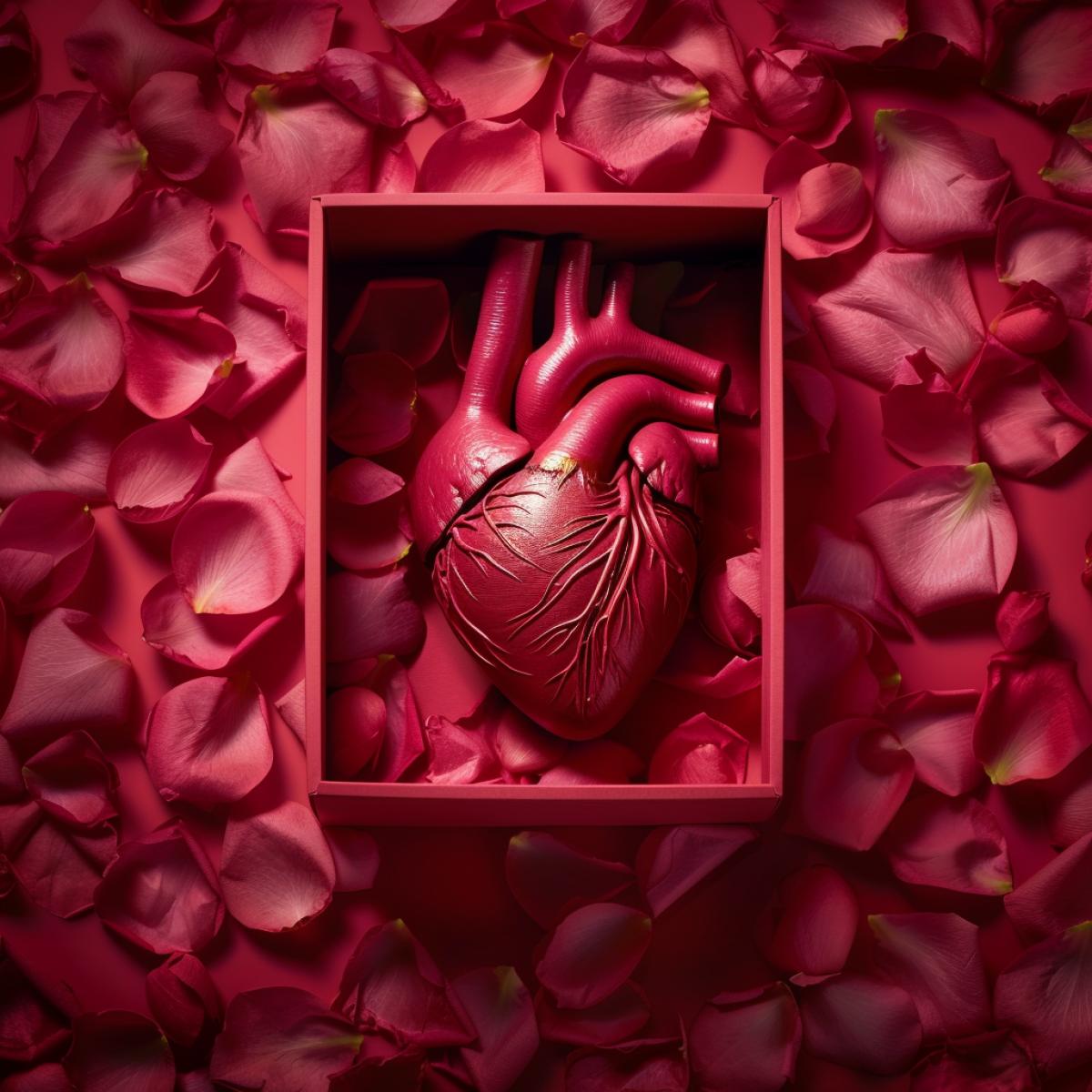 Human heart in an open pink box on a table covered with rose petals, top view, professional advertising photography, red and dark colors, hyper-realistic, anatomically correct