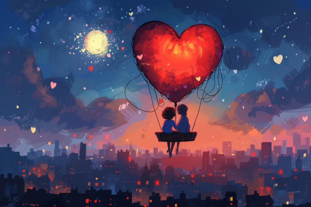 Two lovers are flying on a heart-shaped balloon