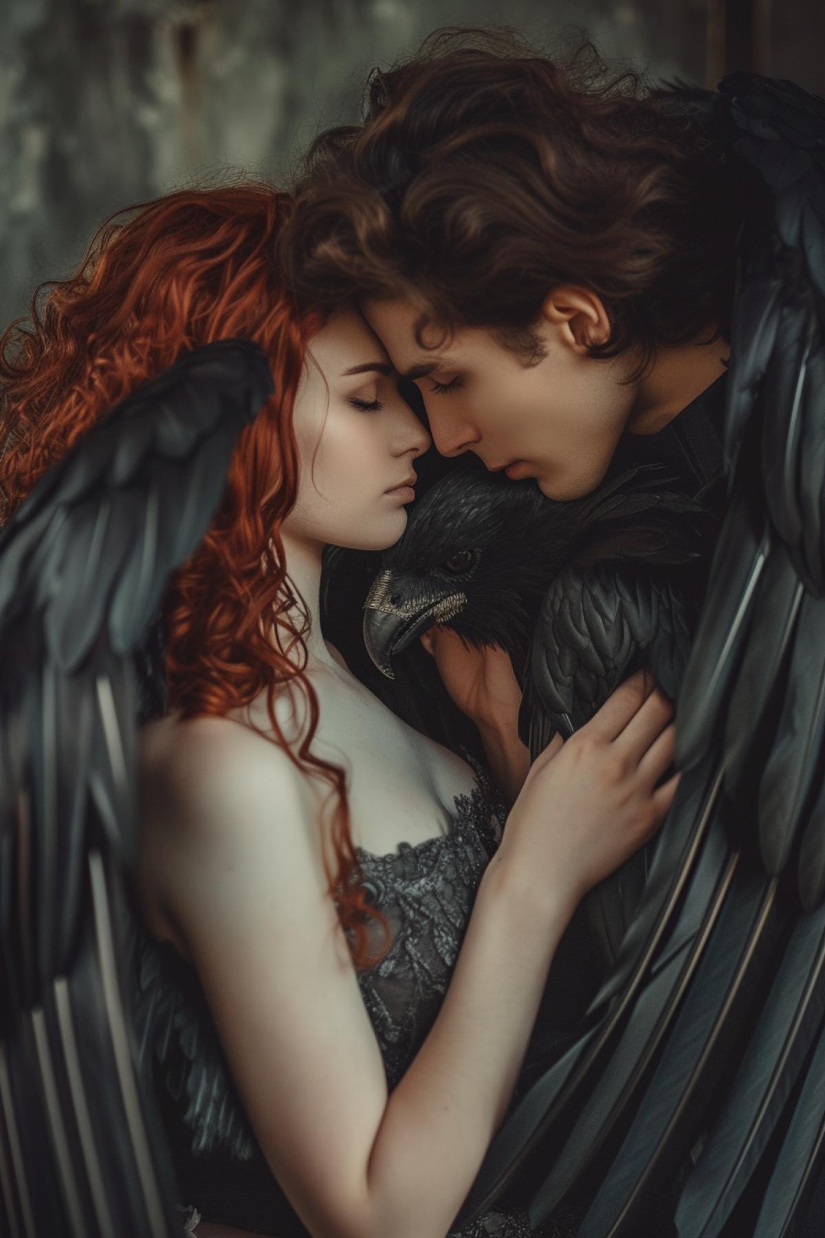 Demon is loving angel, romantic, lovers, aesthetic, gothic, atmospheric, photorealism