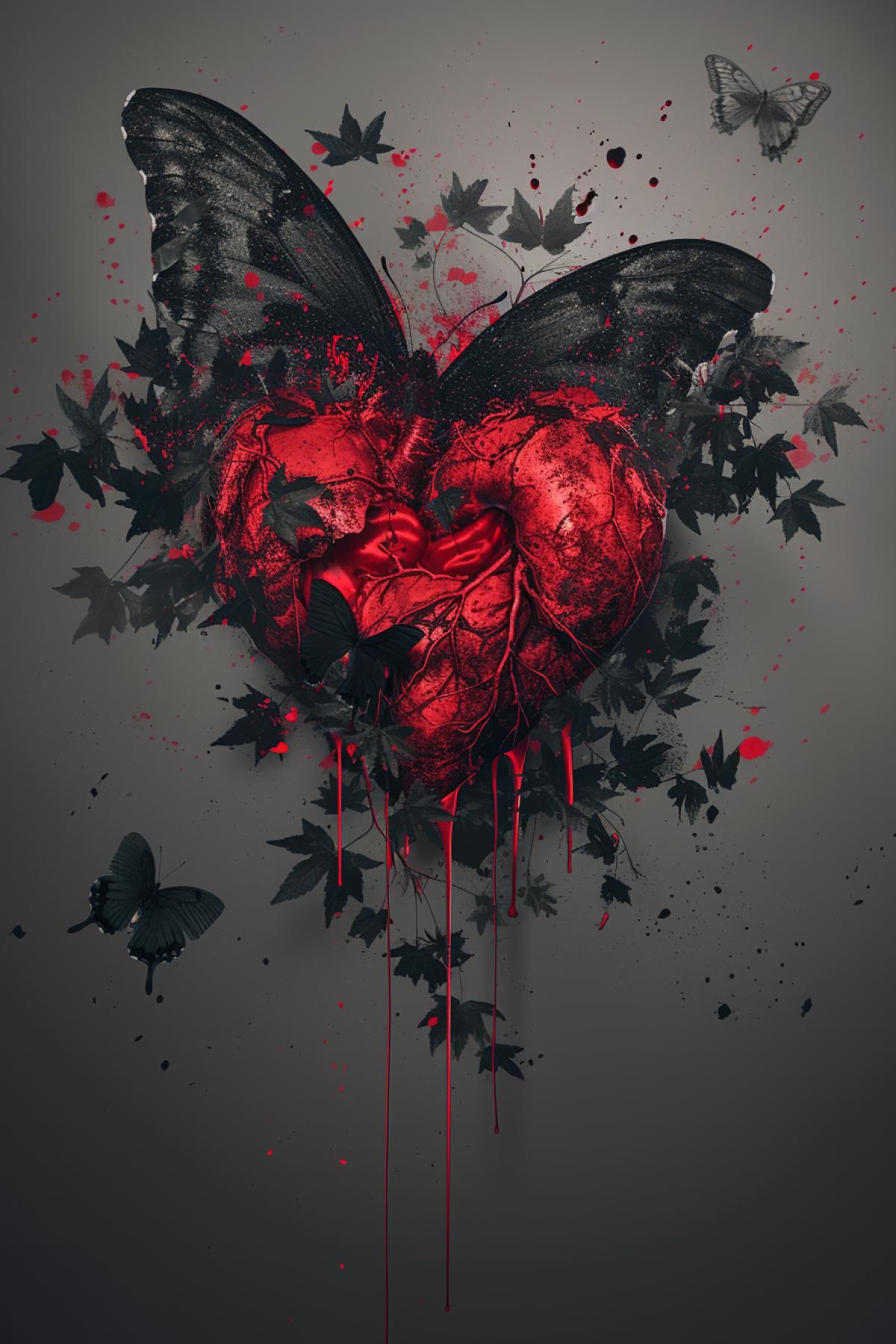 Create an atmospheric and photorealistic image in a double exposure style. The first layer should depict a detailed butterfly, fluttering among poison ivy leaves. The second layer should encapsulate the essence of the gothic aesthetic with a human heart. Incorporate an added aesthetic element, which should manifest in the form of red liquid trickling down the heart. Despite the contrasting themes, the image should form a harmonious and evocative com4k.