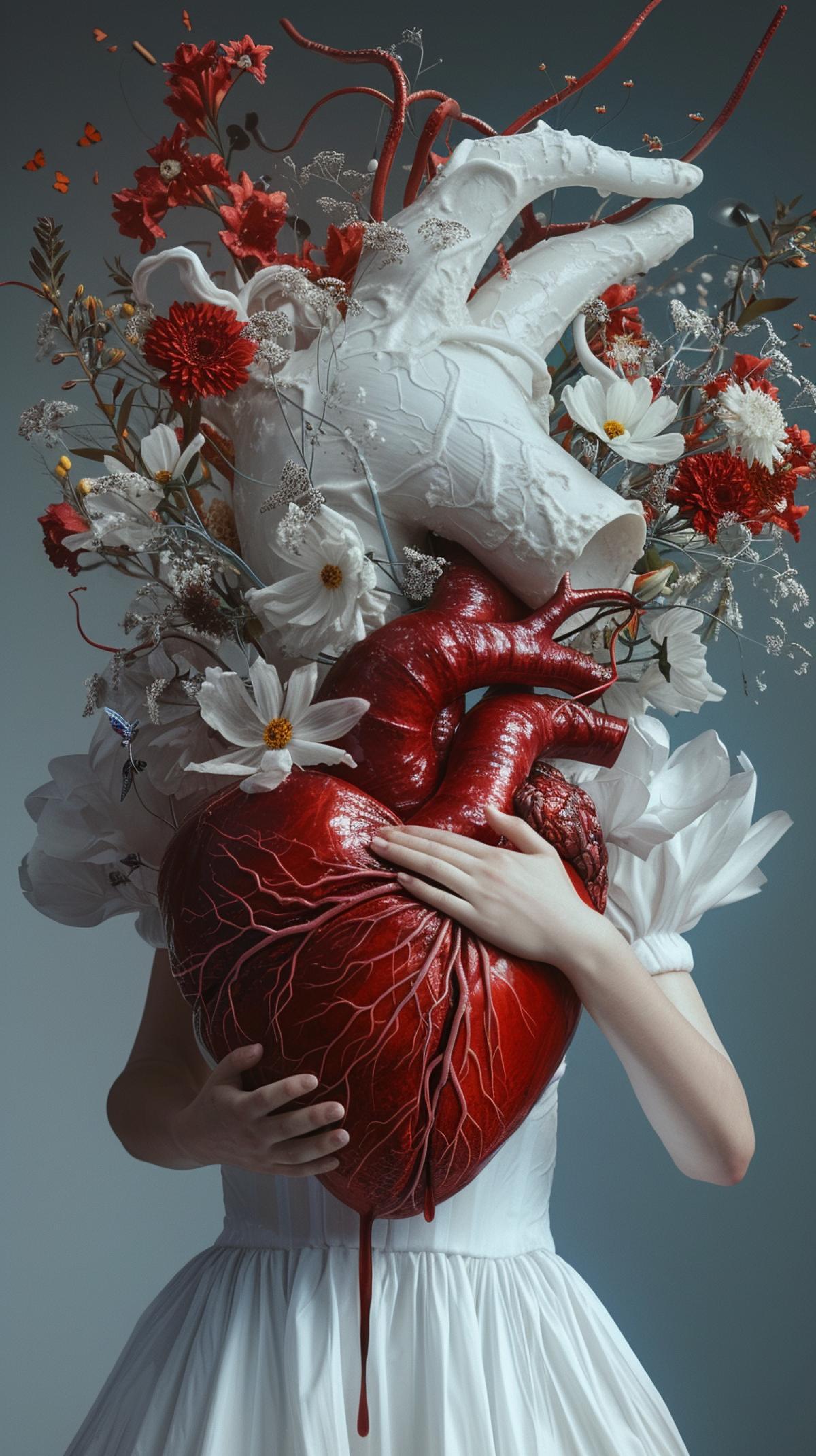 a faceless woman in white hugging with a huge heart, in the style of marco mazzoni, fine attention to anatomy, national geographic photo, dark red heart,flowers on the back wall, aron demetz, detailed character design, medical imaging film. v 6.0 ar 9:16