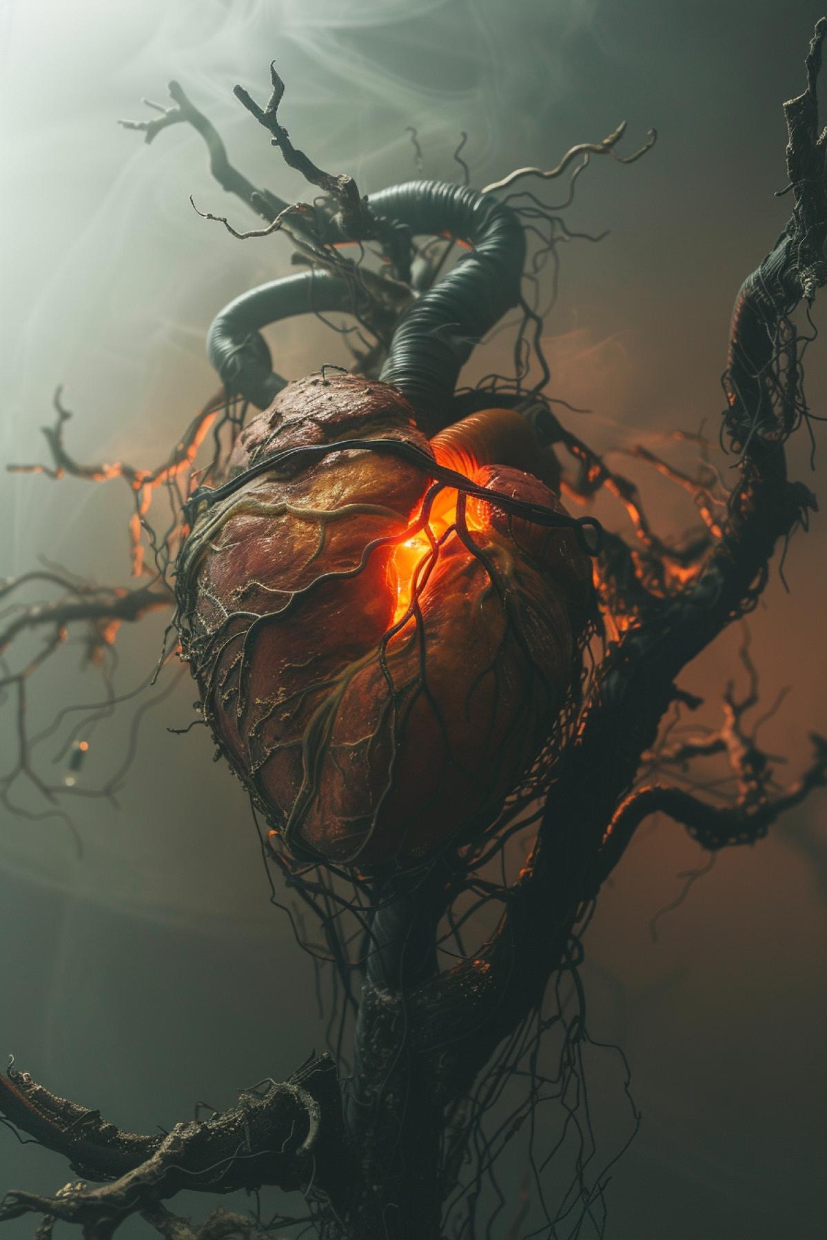 Strange tree with realistic human heart, tears drops, wonderland, dark fairytale, Halloween stuff decorations, fog, creepy, gothic, cinematic, atmospheric, dramatic