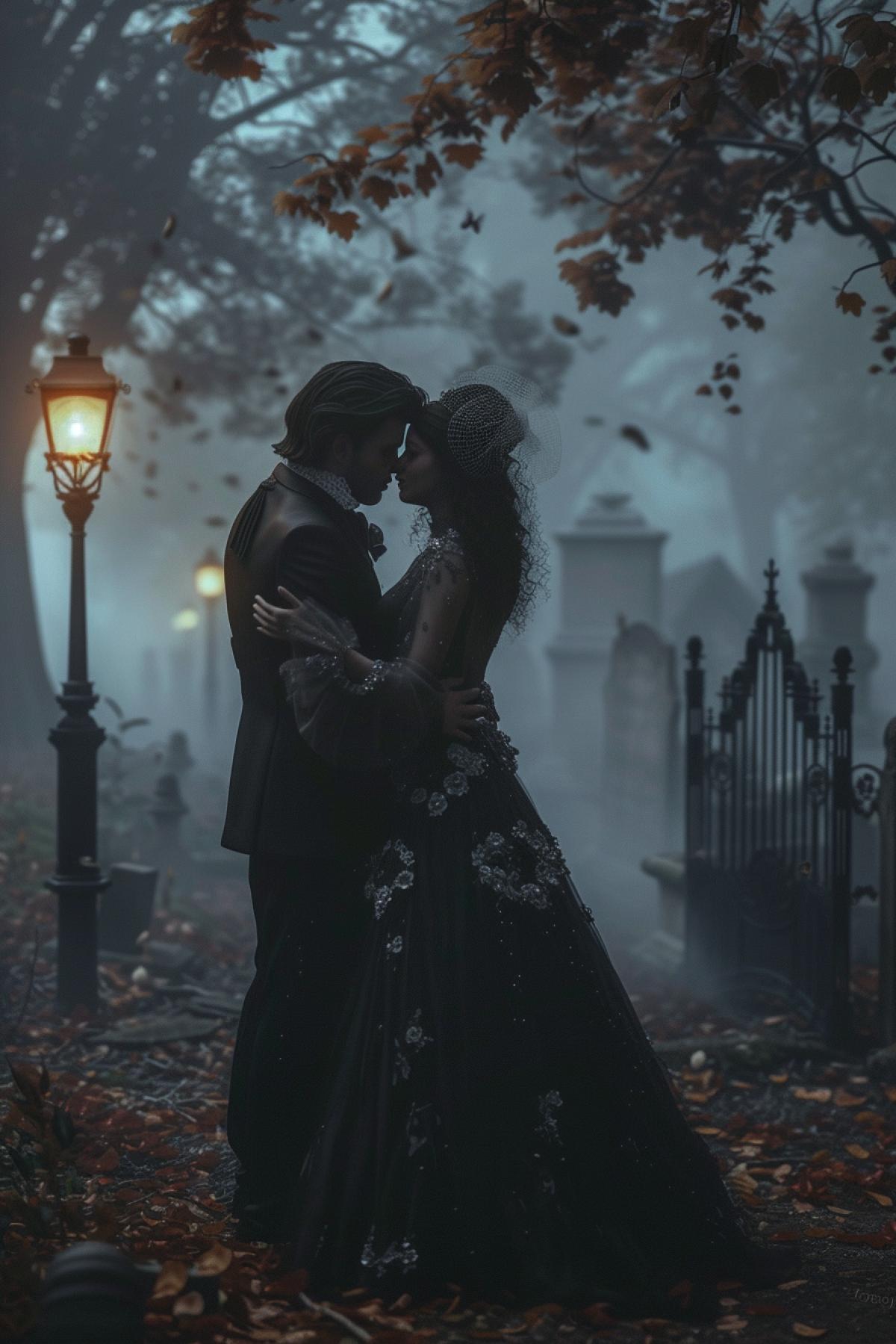 Vampire lovers, Gothic romantic autumn ancient cemetery, gothic, aristocratic, night, atmospheric, photorealistic
