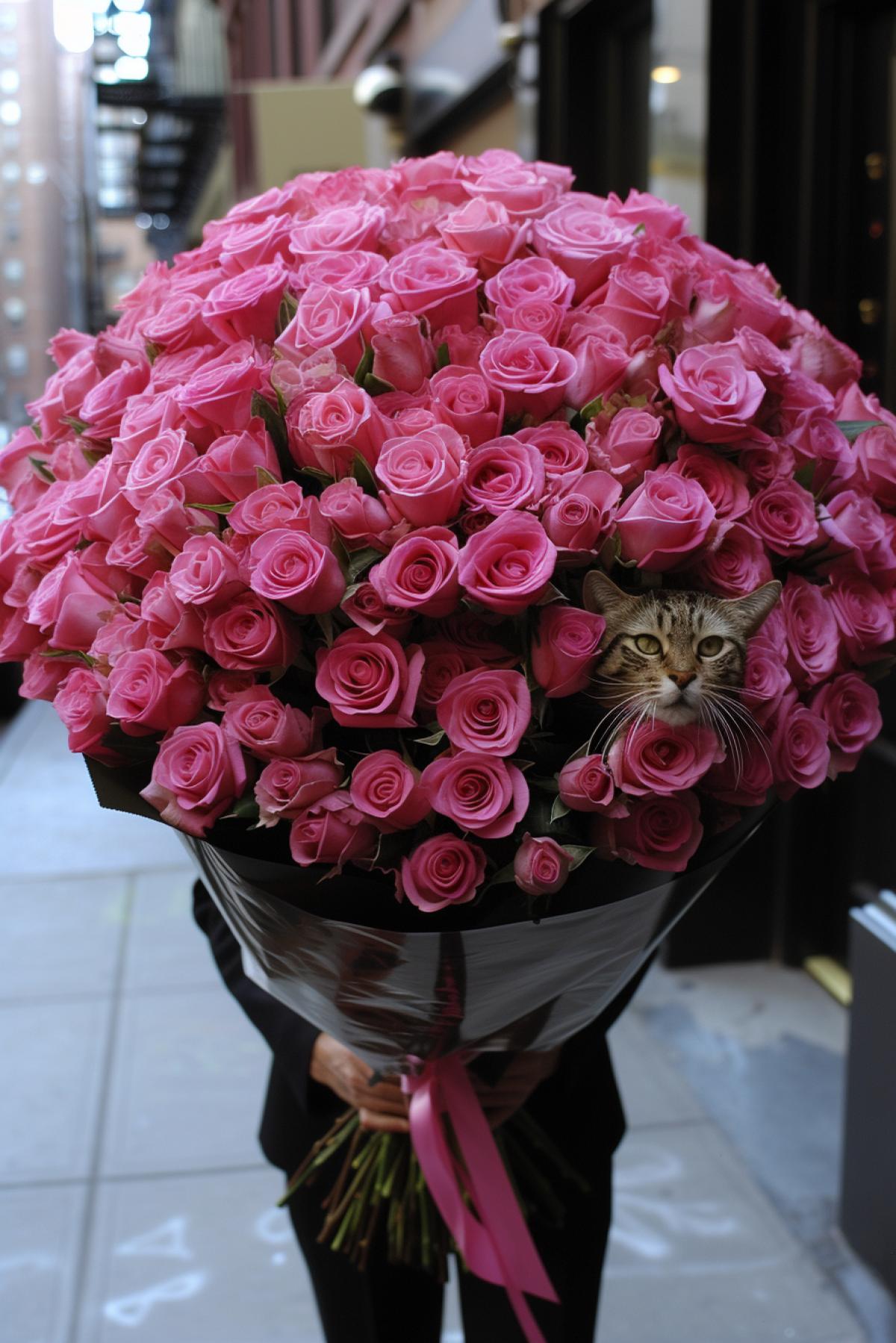 The cat gives a huge bouquet of roses, romance