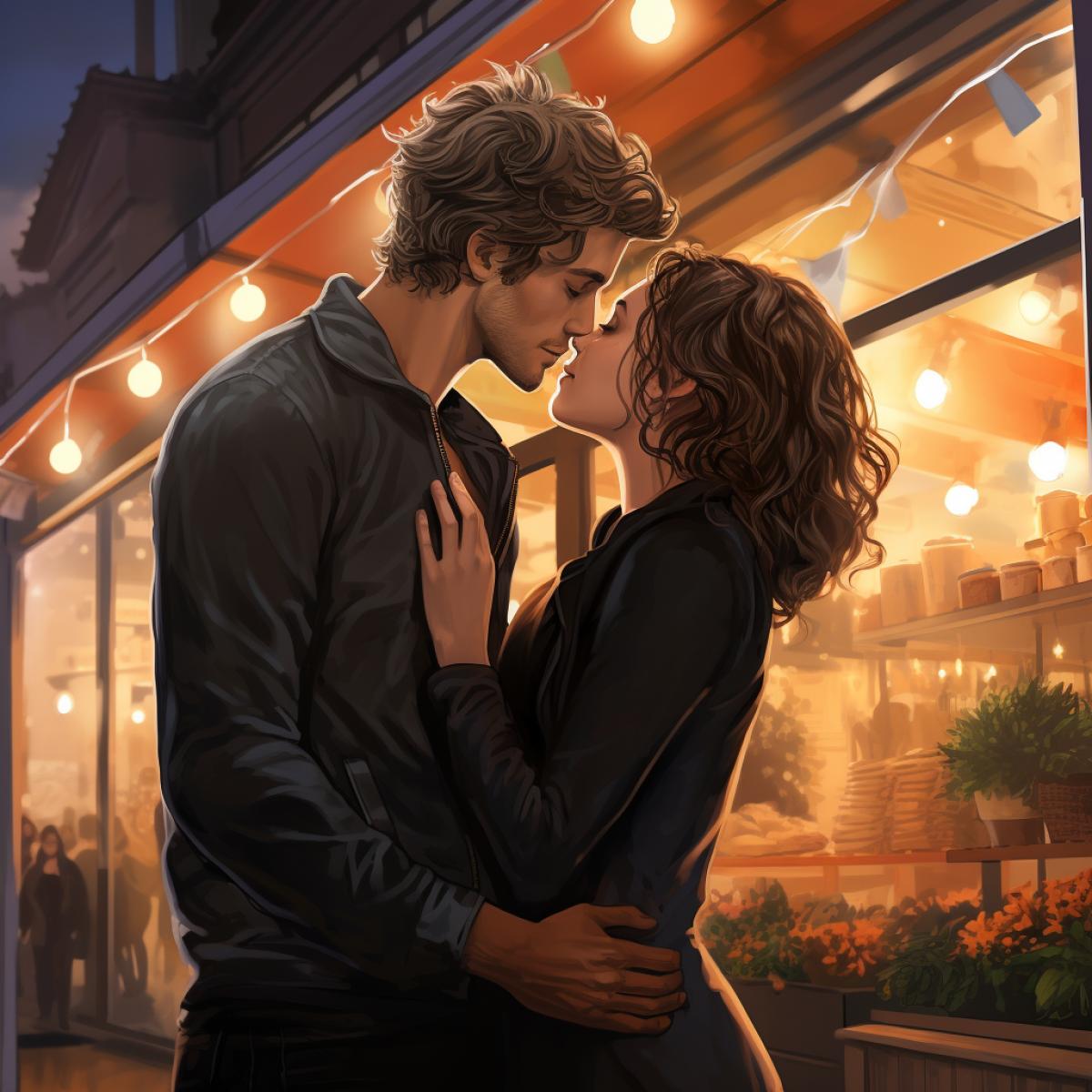 a couple in love kissing in front of a store, in the style of kieron gillen, magali villeneuve, dark amber, strong sense of light, illustration, vacation dadcore, handsome