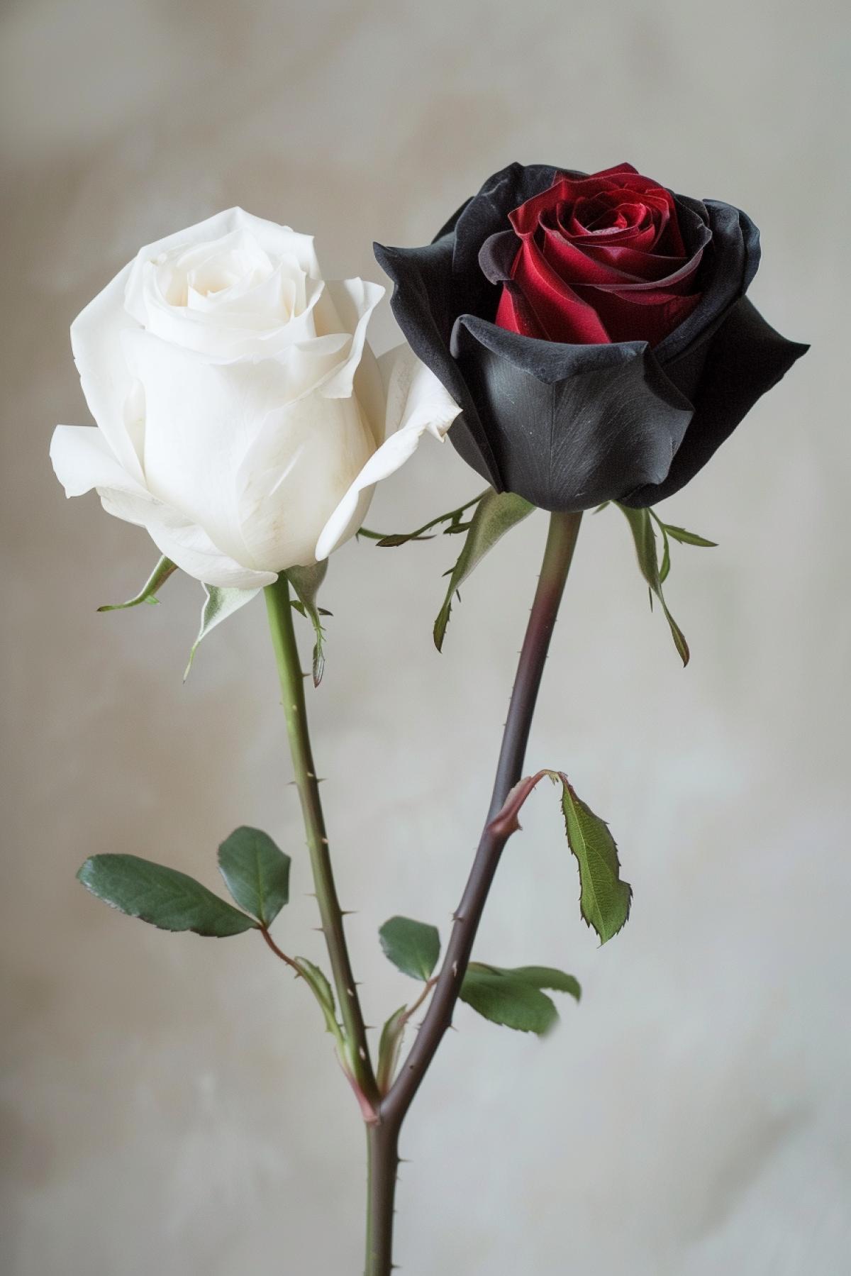 Humanization of two flowers in love white and dark roses