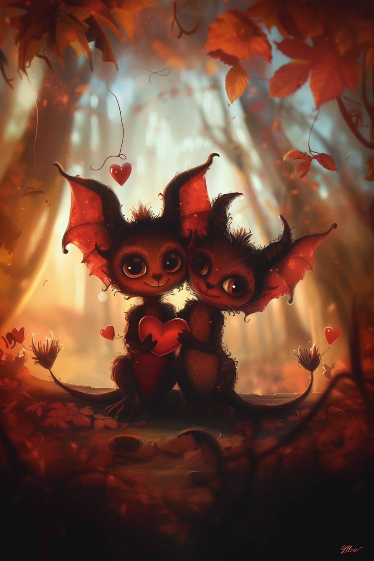 two cute little devils with big eyes in love