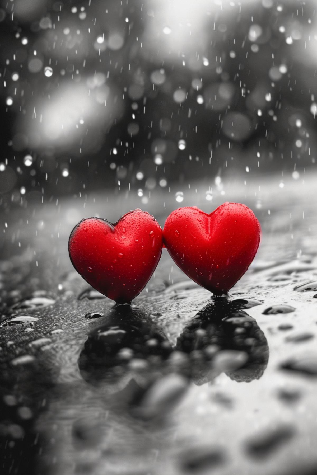 two happy loving hearts in the rain dark and white colors