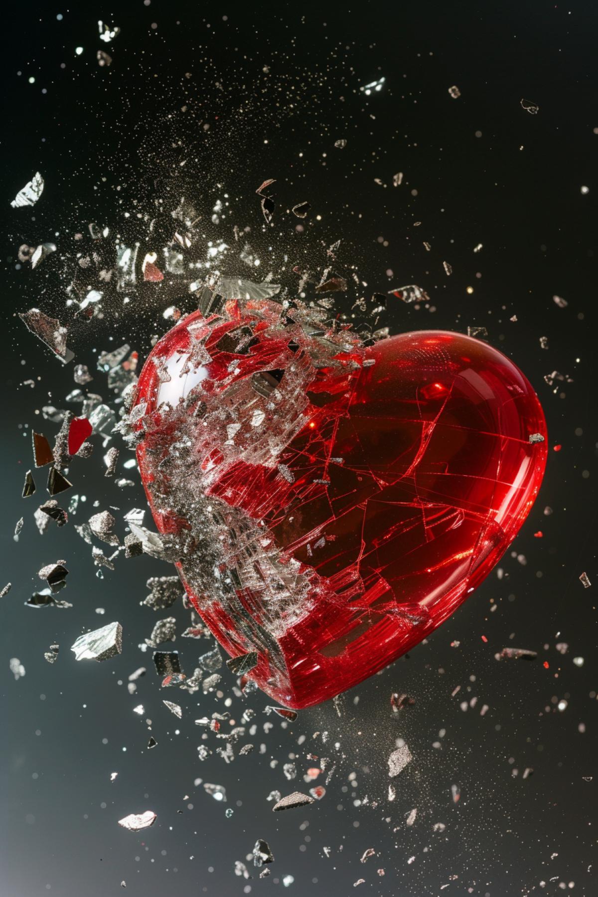 Multi exposure of a transparent red glass heart filled with silver glitter falling and hitting a dark mirror surface and breaking to pieces in wide ratio