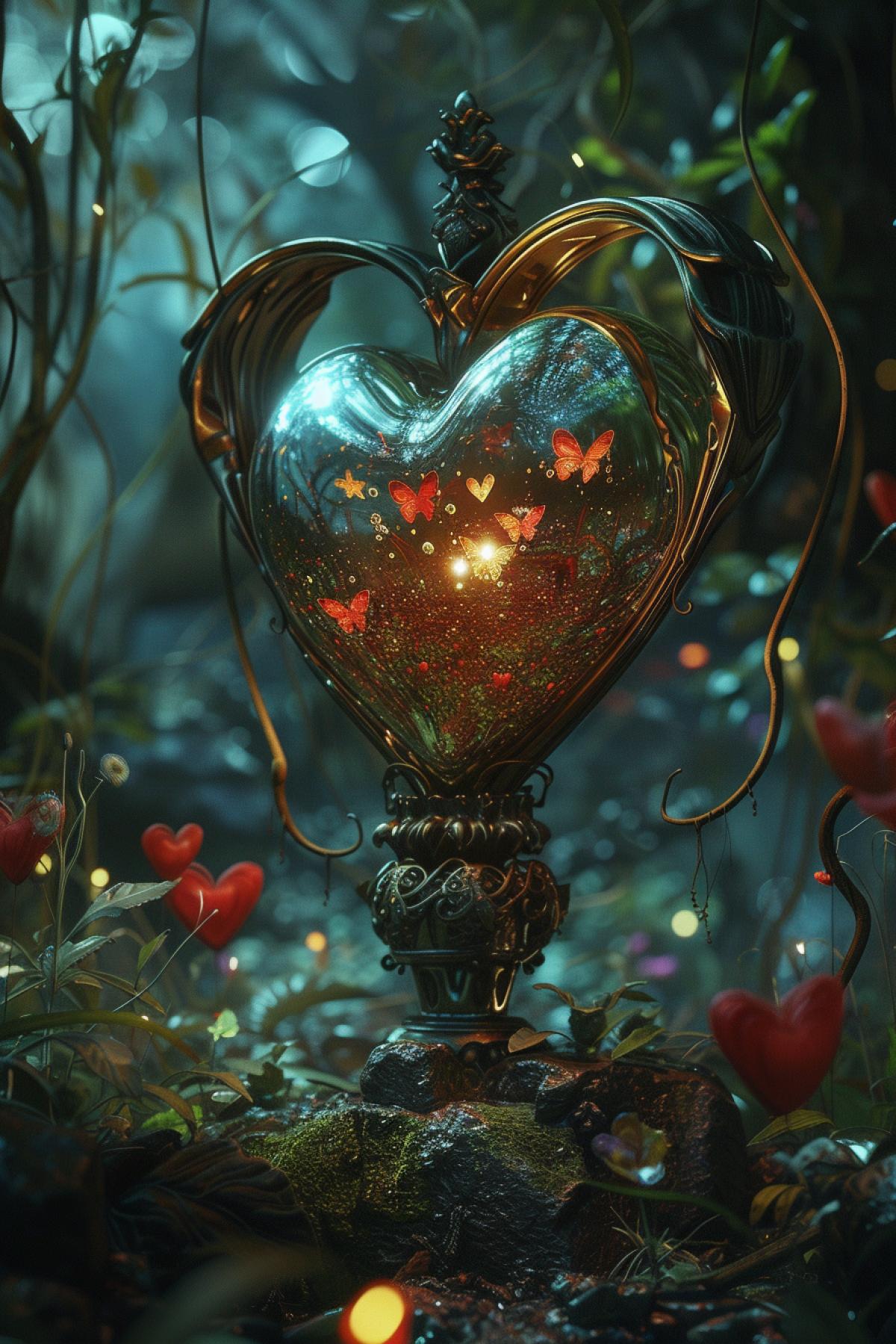 insanely detailed gorgeous Glass_Heart with a magical_glowing_liquid inside surrounded_by fairy dust, Butterflies, Hearts, Love energy, :: in the style of Alice_in_Wonderland, :: Perfect_proportions, a masterpiece, 8k_resolution, dark_fantasy_concept_art, by Greg_Rutkowski, dynamic_lighting, Hyperrealistic, intricately_detailed, Splash screen art, trending on Artstation, deep_color, Unreal_Engine, volumetric lighting,