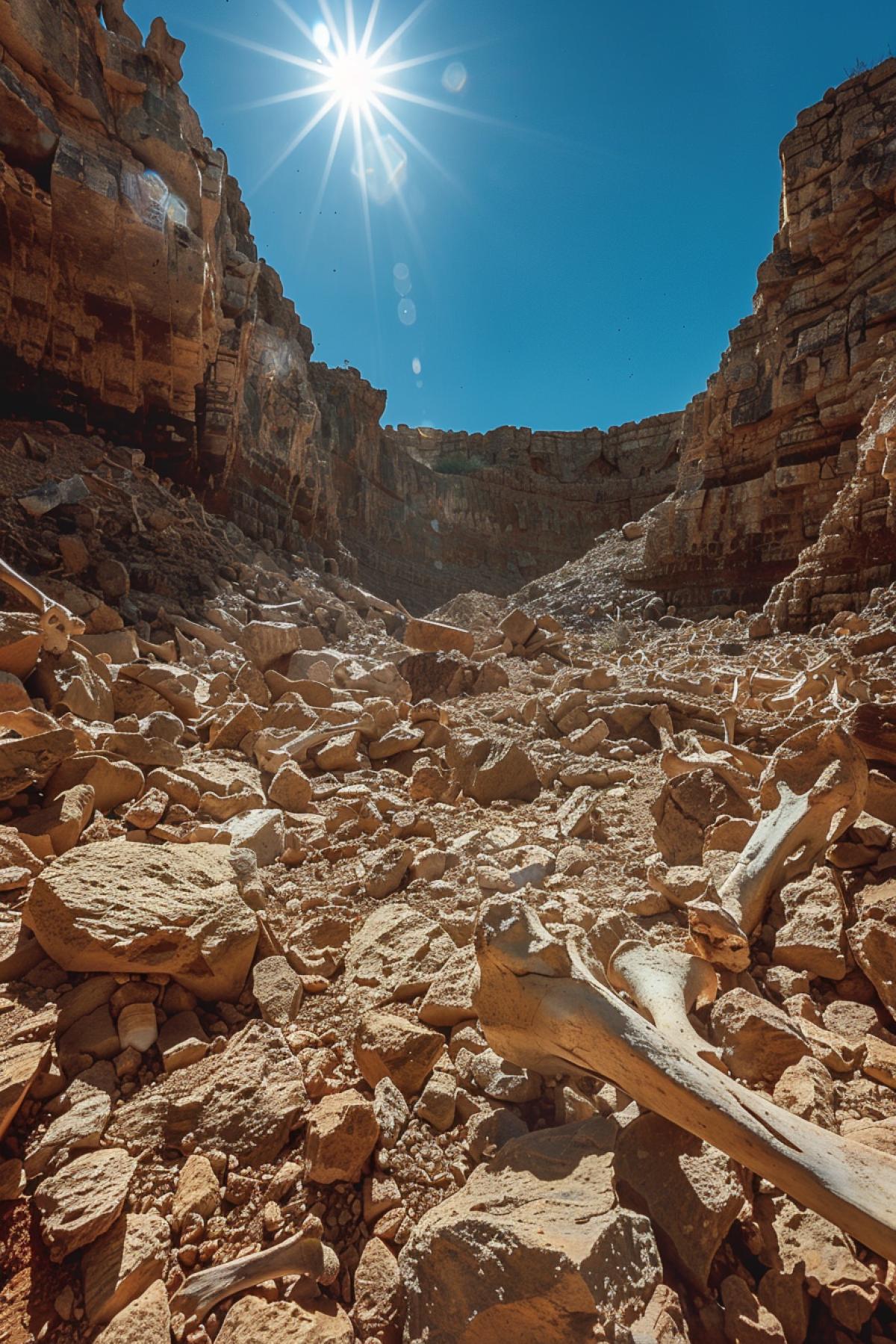 Canyon of death bones of cows everywhere rocks hot sun detailed photo