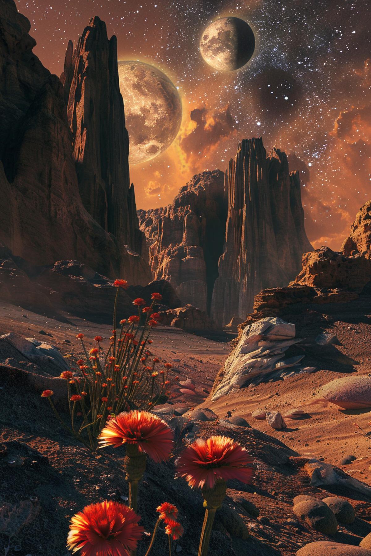 Extraterrestrial canyon in exotic planet bizarre flowers on rocks starry night light of two big moons detailed photo