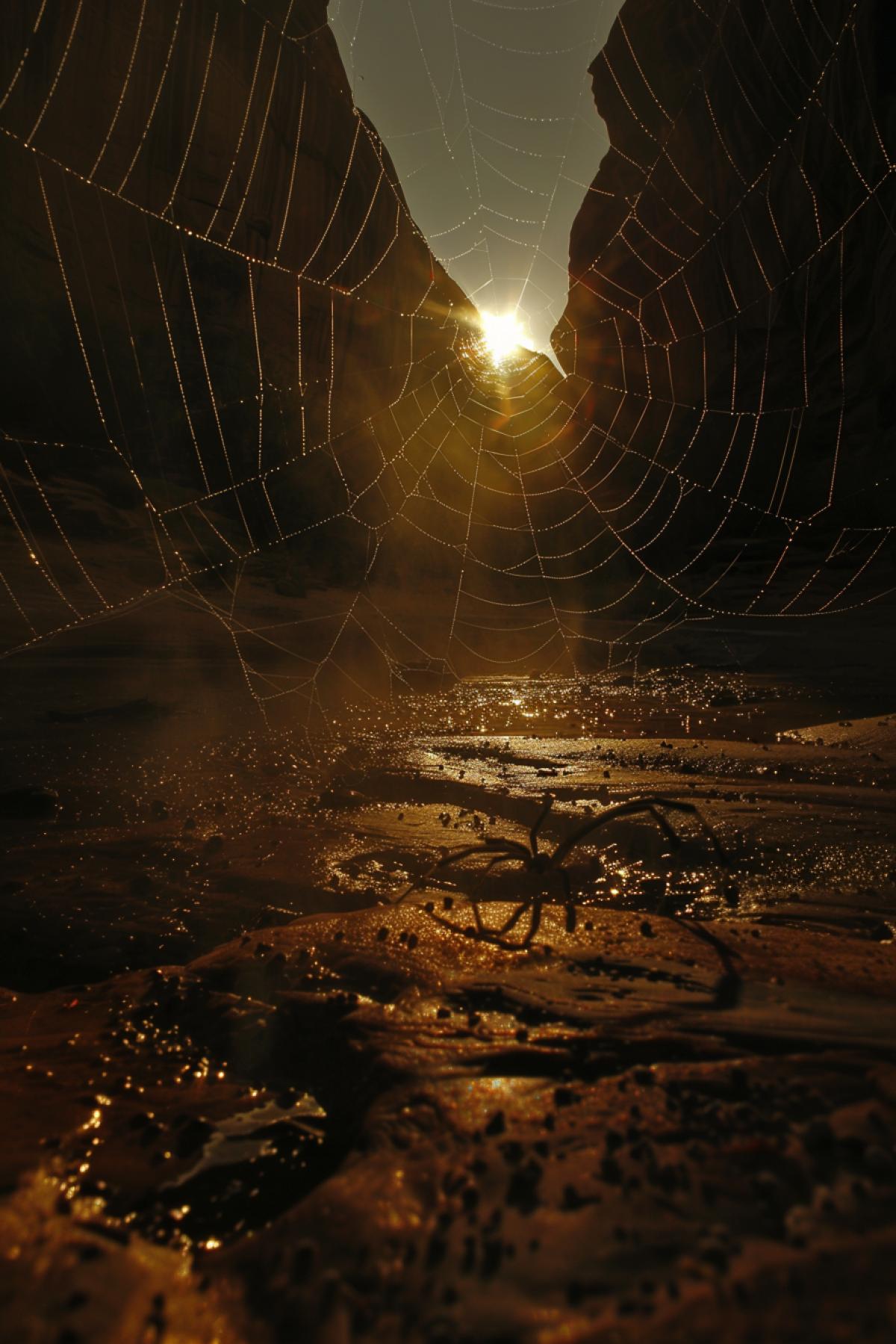 Canyon, water, sun, spider, web