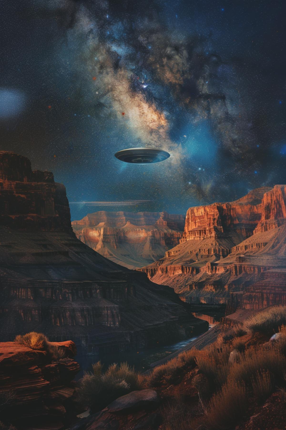 canyon, starry sky, unidentified flying object