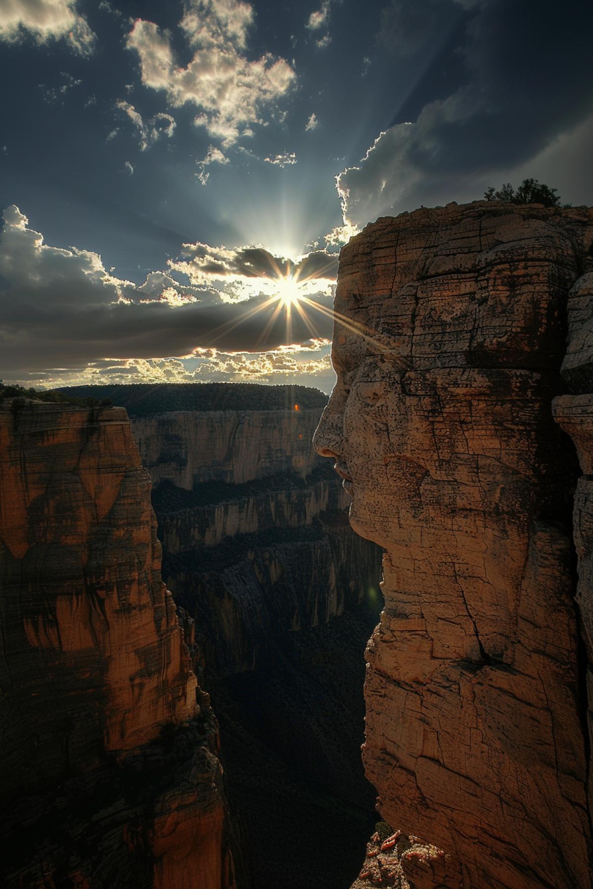 canyon, cloudy weather, face in the sky, ray of sun