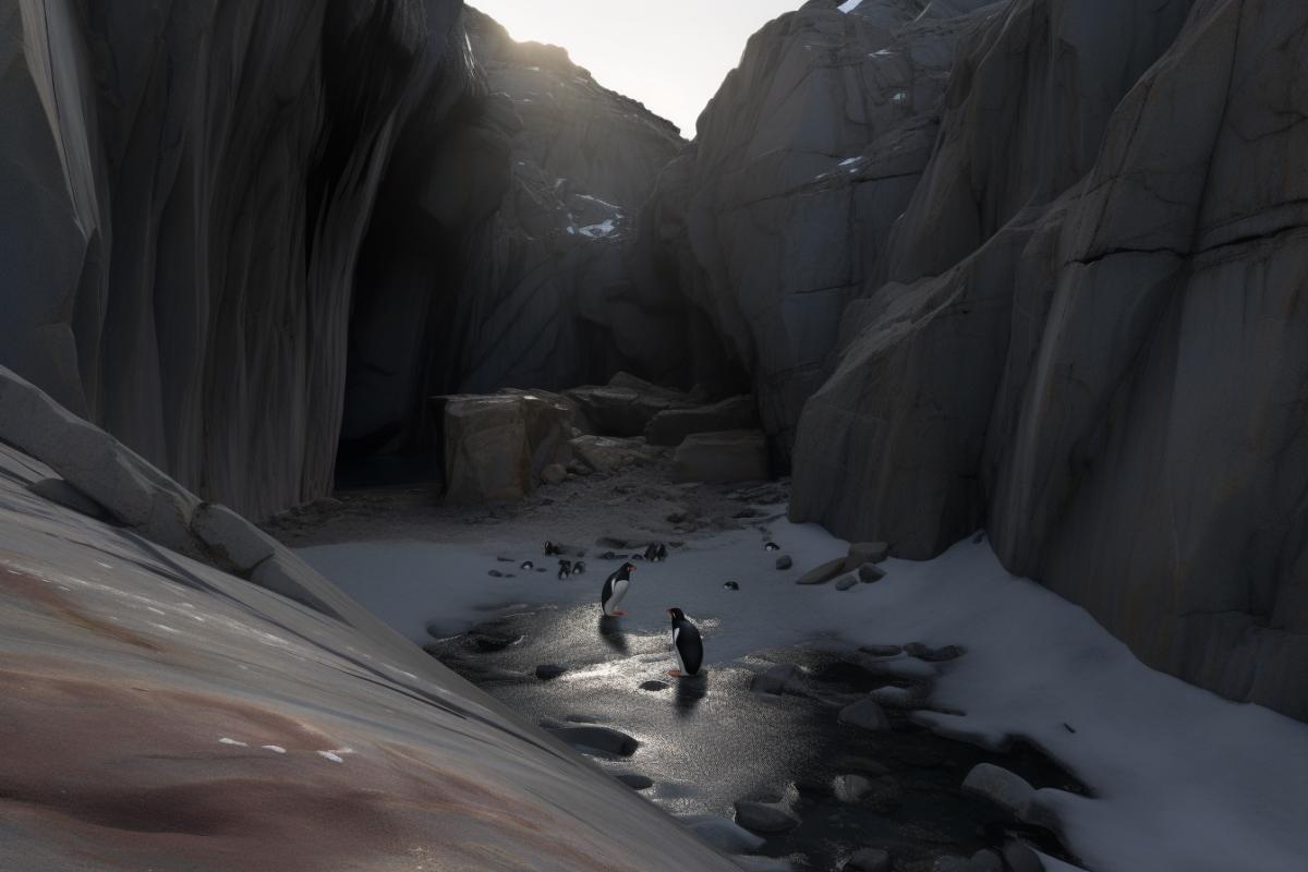 High-wall ice canyon in Antarctica with three penguins riding down to the sea